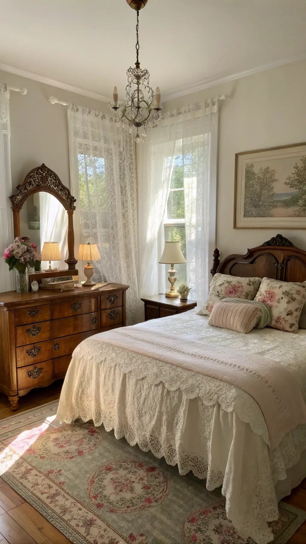 Sunlit vintage bedroom with queen bed, antique furniture, lace curtains, and warm accents captured at golden hour
