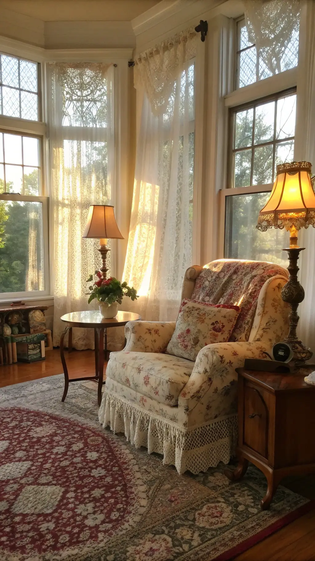 Vintage living room bathed in golden sunlight featuring a floral armchair with crochet blanket, brass lamps, and layered Persian rugs