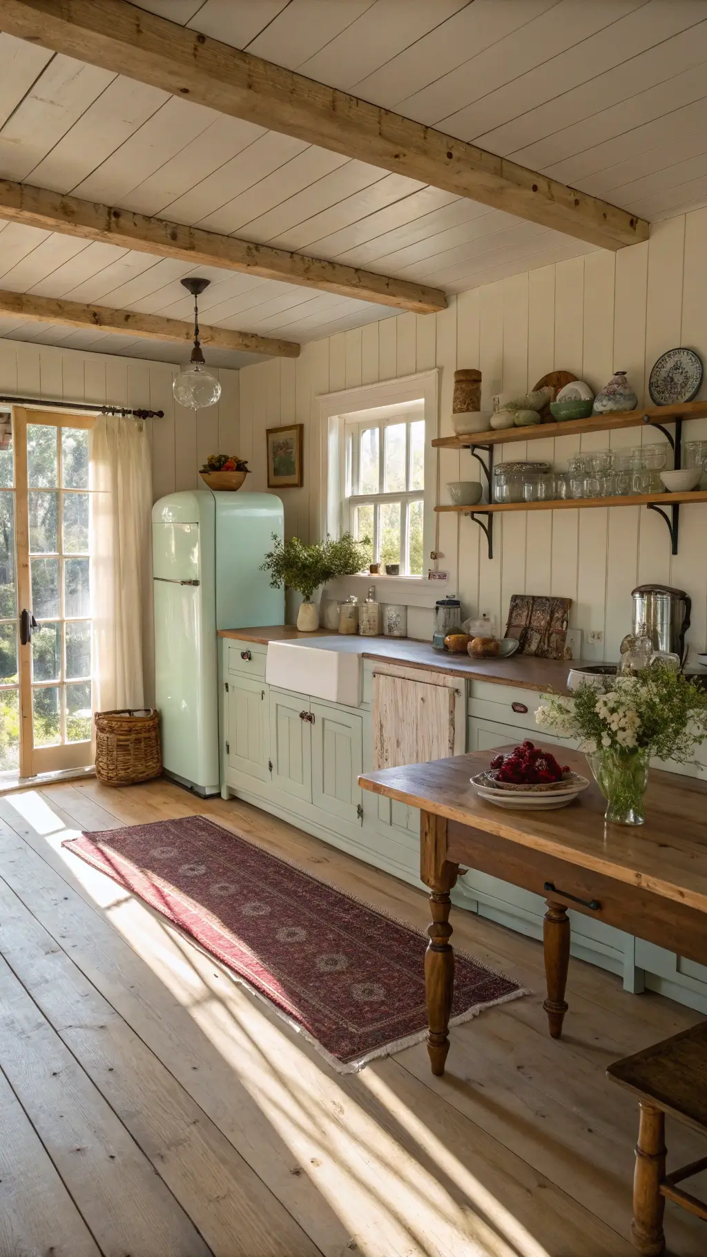 Sunlit farmhouse kitchen with pine floors, cream walls, vintage green fridge, marble countertops, open shelving with china and copper pots, distressed table with flowers, lace curtains casting shadows.