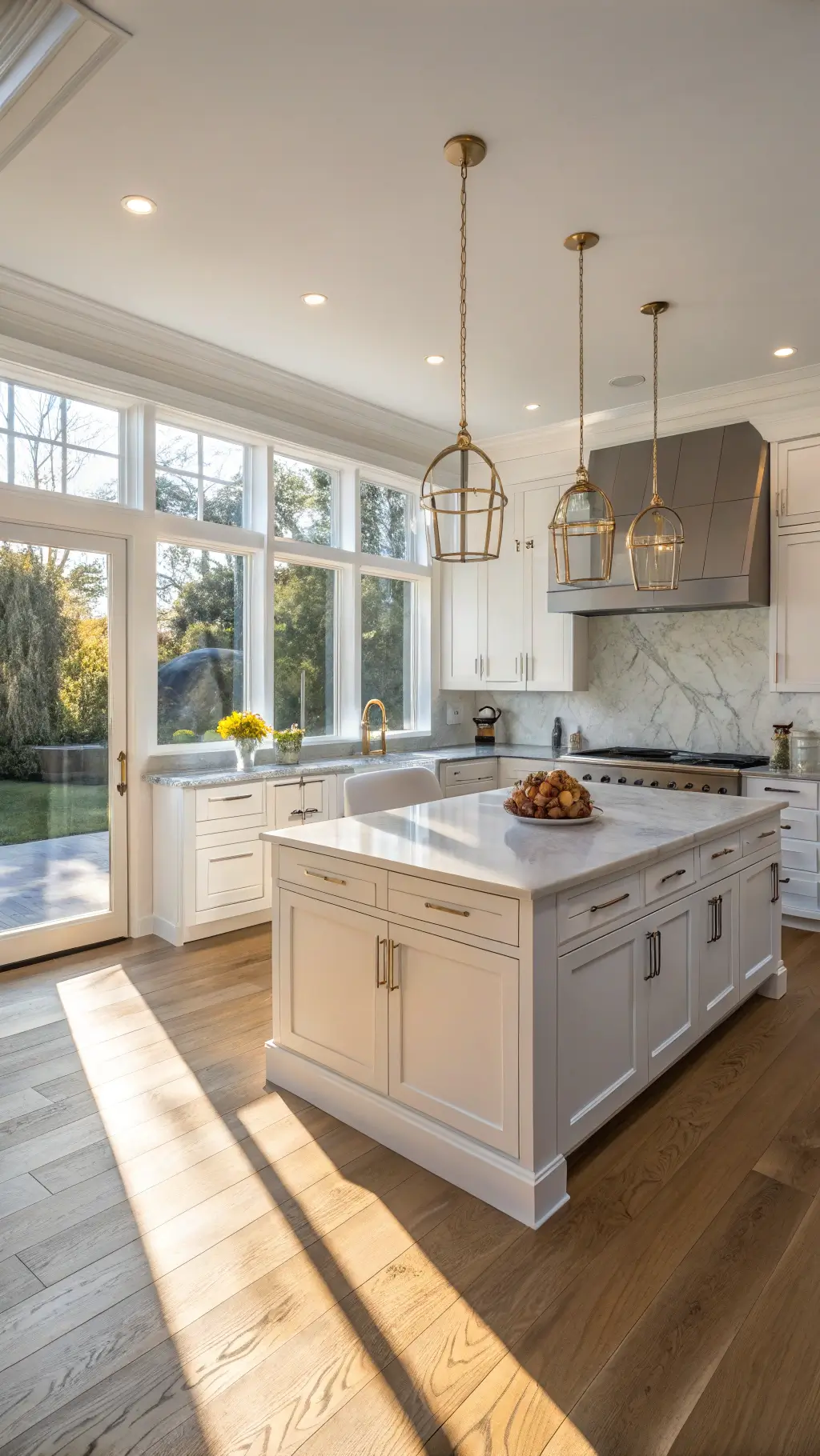 Contemporary kitchen featuring white shaker cabinets, gray quartz island, and marble backsplash illuminated by natural light through expansive windows.