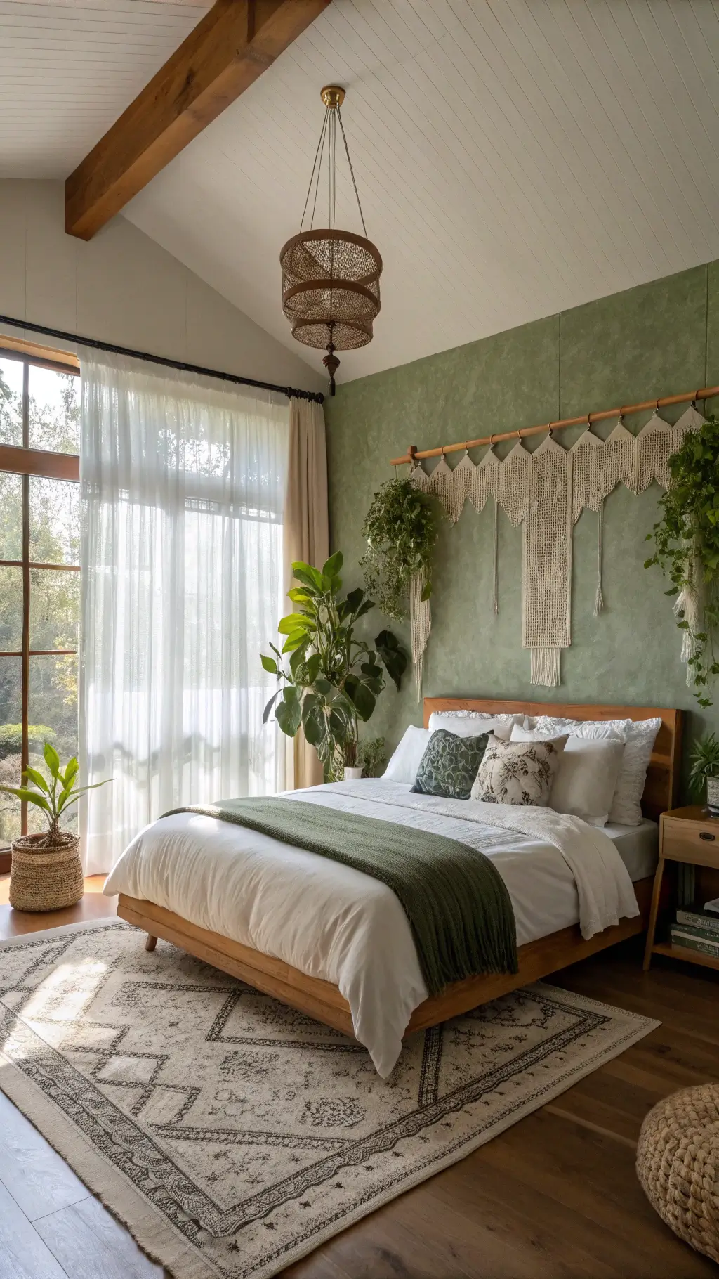 spacious sunlit bedroom with sage green walls, queen rattan bed, white linen and assorted pillows, hanging plants, vintage decorations shot during golden hour