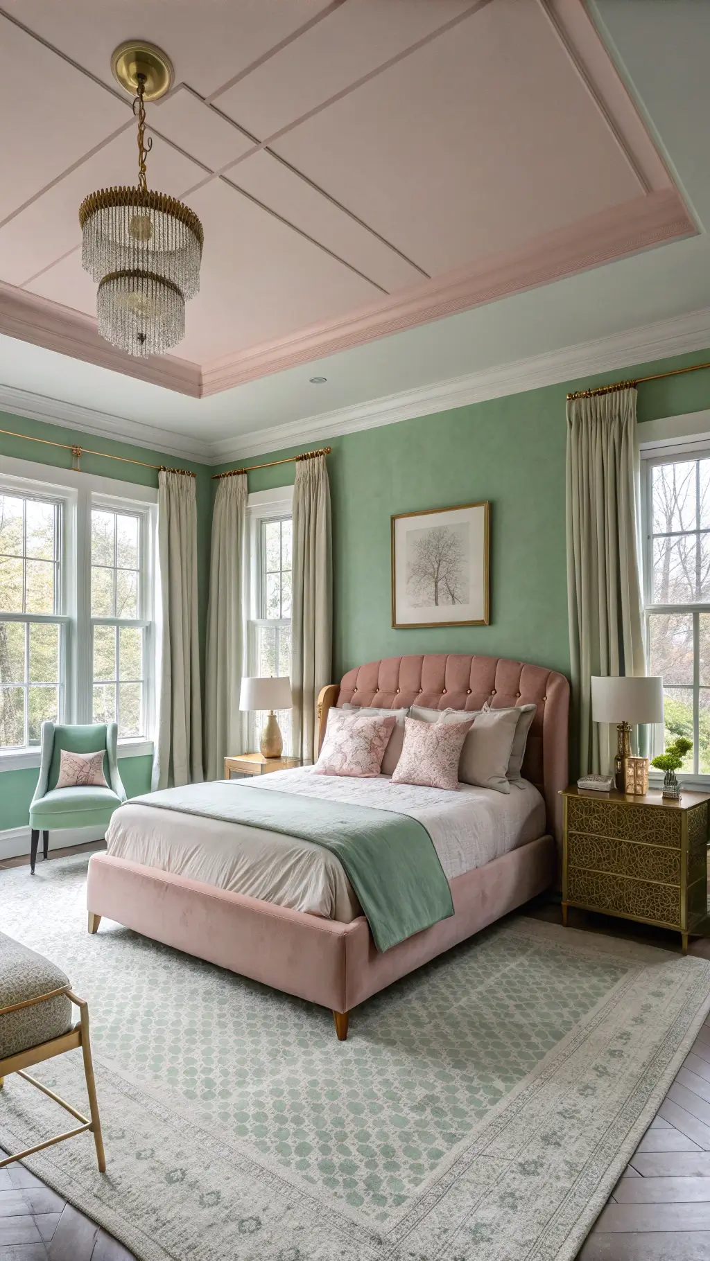 Bright bedroom featuring sage green walls, soft pink trims, velvet dusty rose bed, mint and coral bedding, brass mirrors, white oak nightstands, and rattan chair by flowing champagne silk curtains