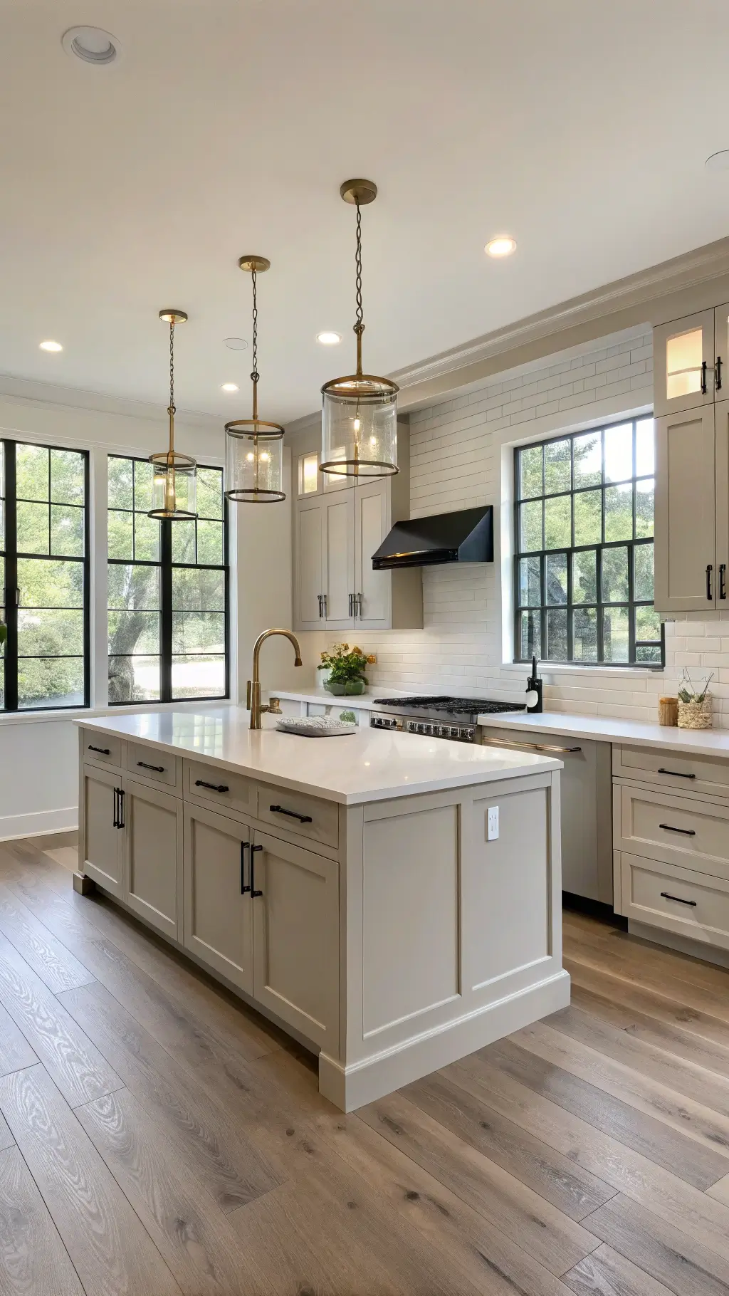 bright kitchen featuring greige shaker cabinets, white quartz countertops, black hardware, large island seating, brass pendant lights, and oak flooring