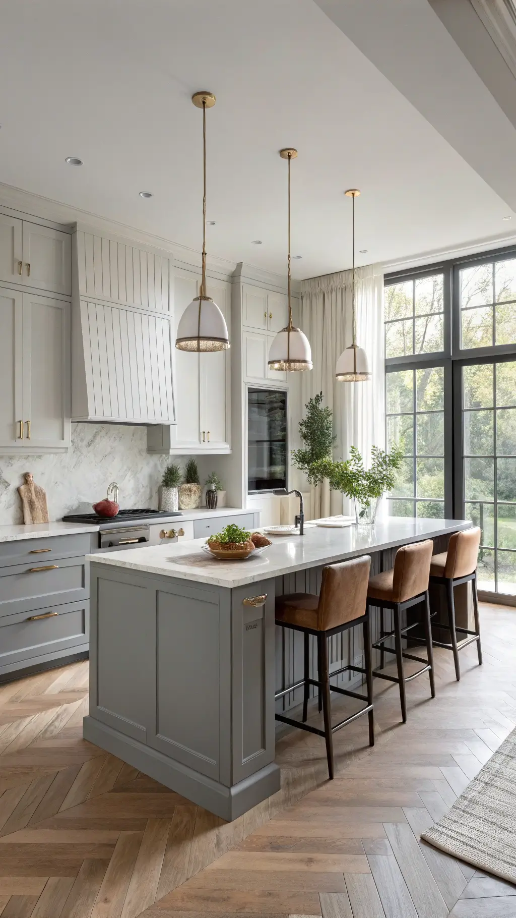 Sunlit modern kitchen featuring two-tone grey cabinets, brass accents, Carrara marble countertops, leather barstools, fresh herbs on windowsill, and herringbone oak flooring.