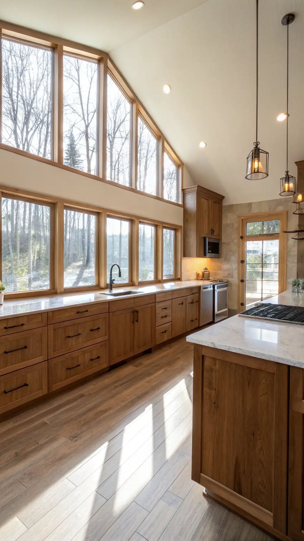 spacious modern farmhouse kitchen with natural light showcasing floor-to-ceiling hickory cabinets dramatic grain, white quartz countertops, stainless steel appliances and bronze hardware.