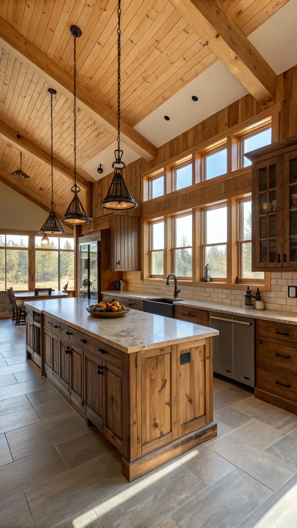 spacious rustic farmhouse kitchen with light-filled east-facing windows, knotty hickory cabinets, vintage copper pendants, black iron hardware, and white subway tile backsplash