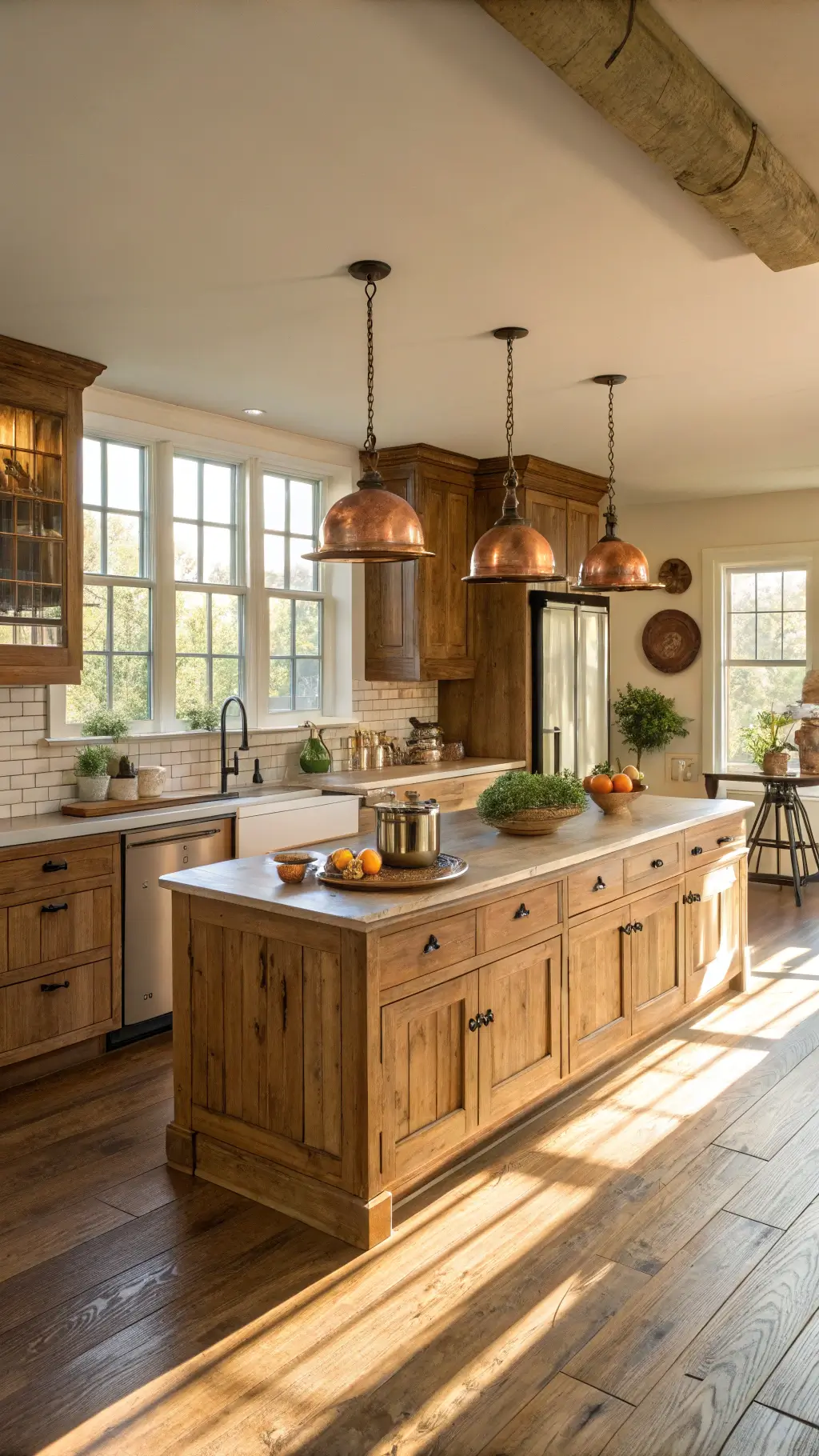 Sun-drenched farmhouse kitchen featuring hickory cabinets, butcher block island, copper details, and oak flooring during golden hour.