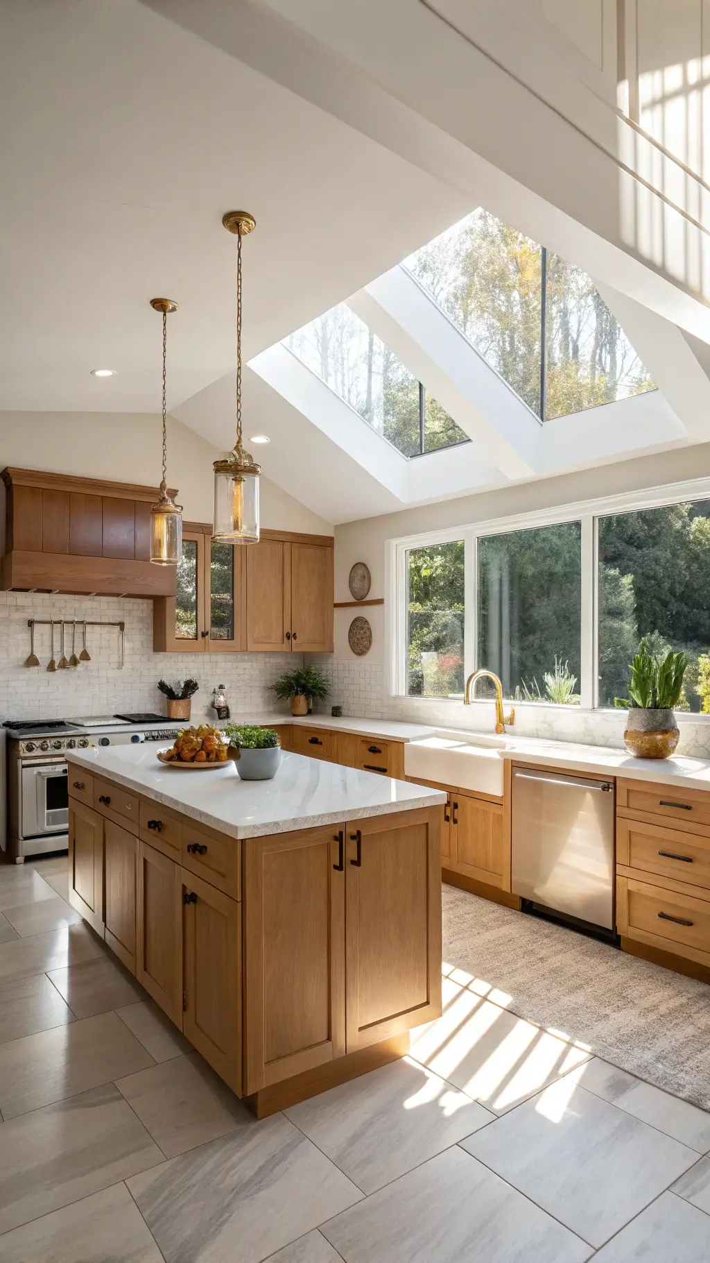 Contemporary honey oak kitchen featuring vaulted ceilings, marble countertops, sunlight flooding through expansive windows, L-shaped design, brass fixtures, central island with black stools, and fresh herbs on the sill.