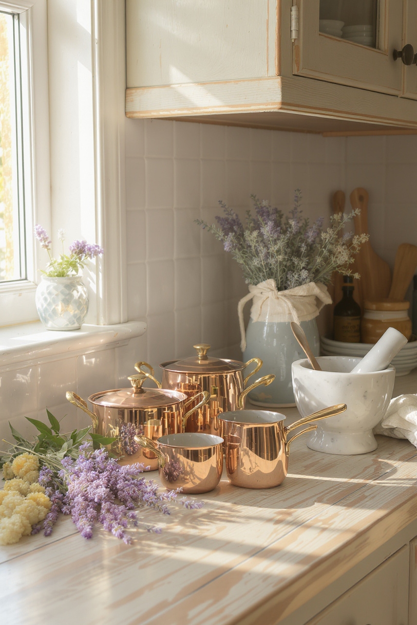 kitchen countertop styling - French Country Countertop Charm - Pale, distressed wood shapes a countertop that tells...