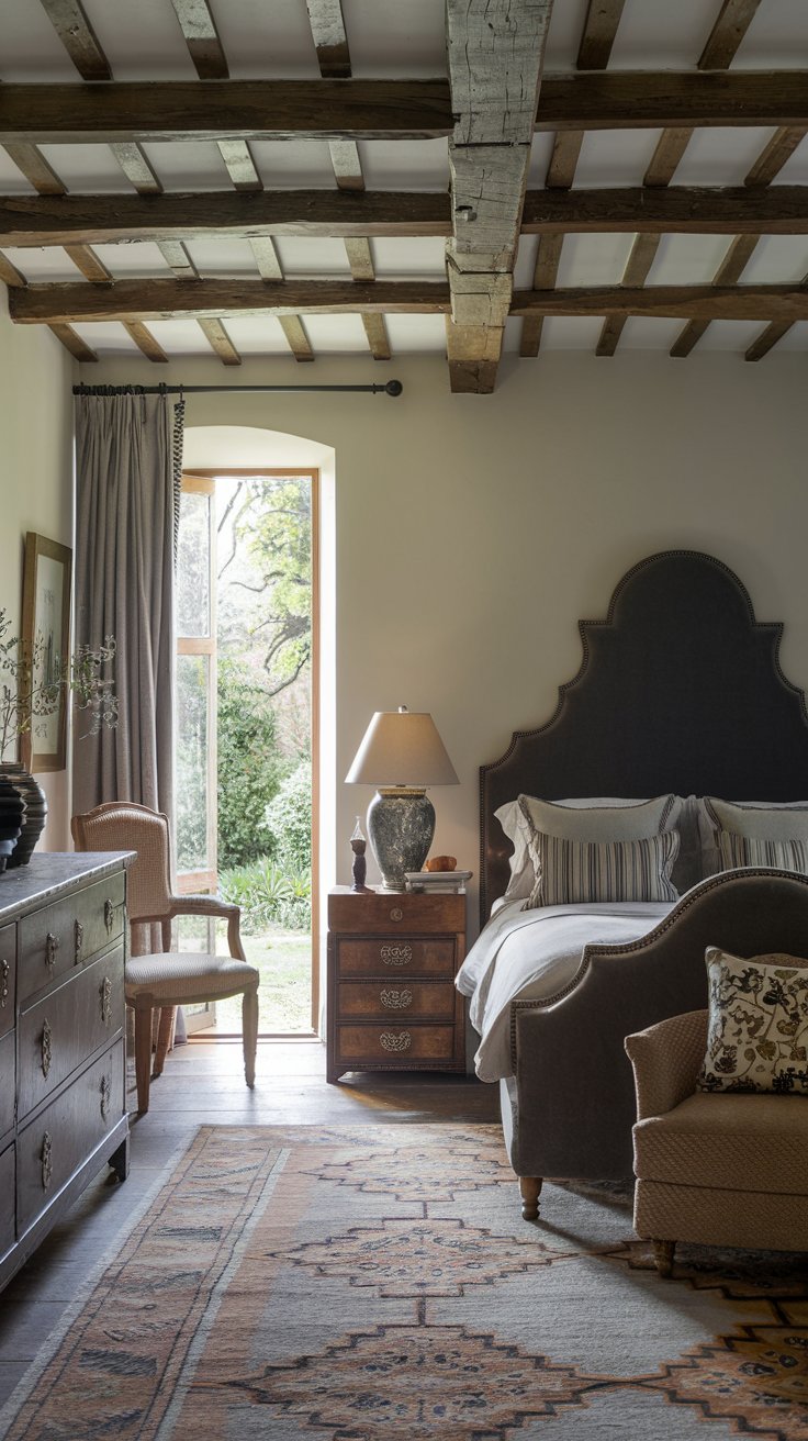 A photo of a beautiful rustic bedroom with a dark gray upholstered headboard as a statement piece. There is a wooden dresser with decorative knobs, a chair, and a lamp near the headboard. A window with a curtain is on the wall opposite the bed, providing a garden view. The room has wooden beams on the ceiling and a patterned rug on the floor.