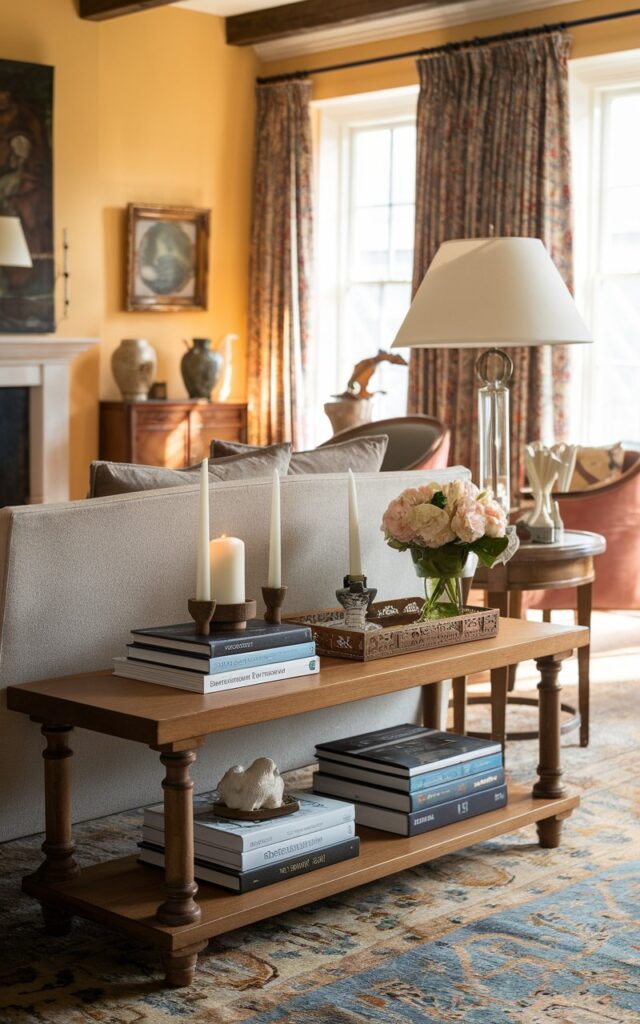 Elegant countryside living room with a wooden bench behind the sofa, styled with books, candles, and a lamp, creating layered visual interest.