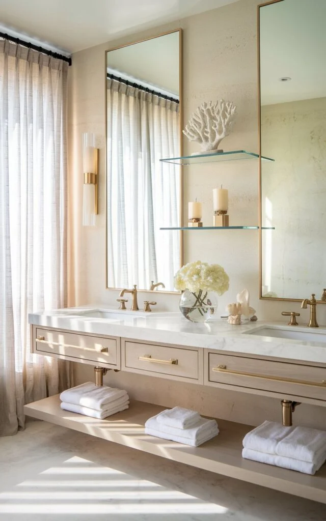 California coastal bathroom with glass shelves between mirrors
