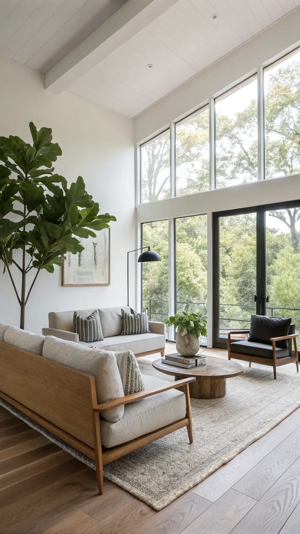 Peaceful living room bathed in morning light with a sleek oak sofa, black leather chairs, warm white walls, oatmeal rug, and a fiddle leaf fig plant in a matte pot under soft natural lighting.