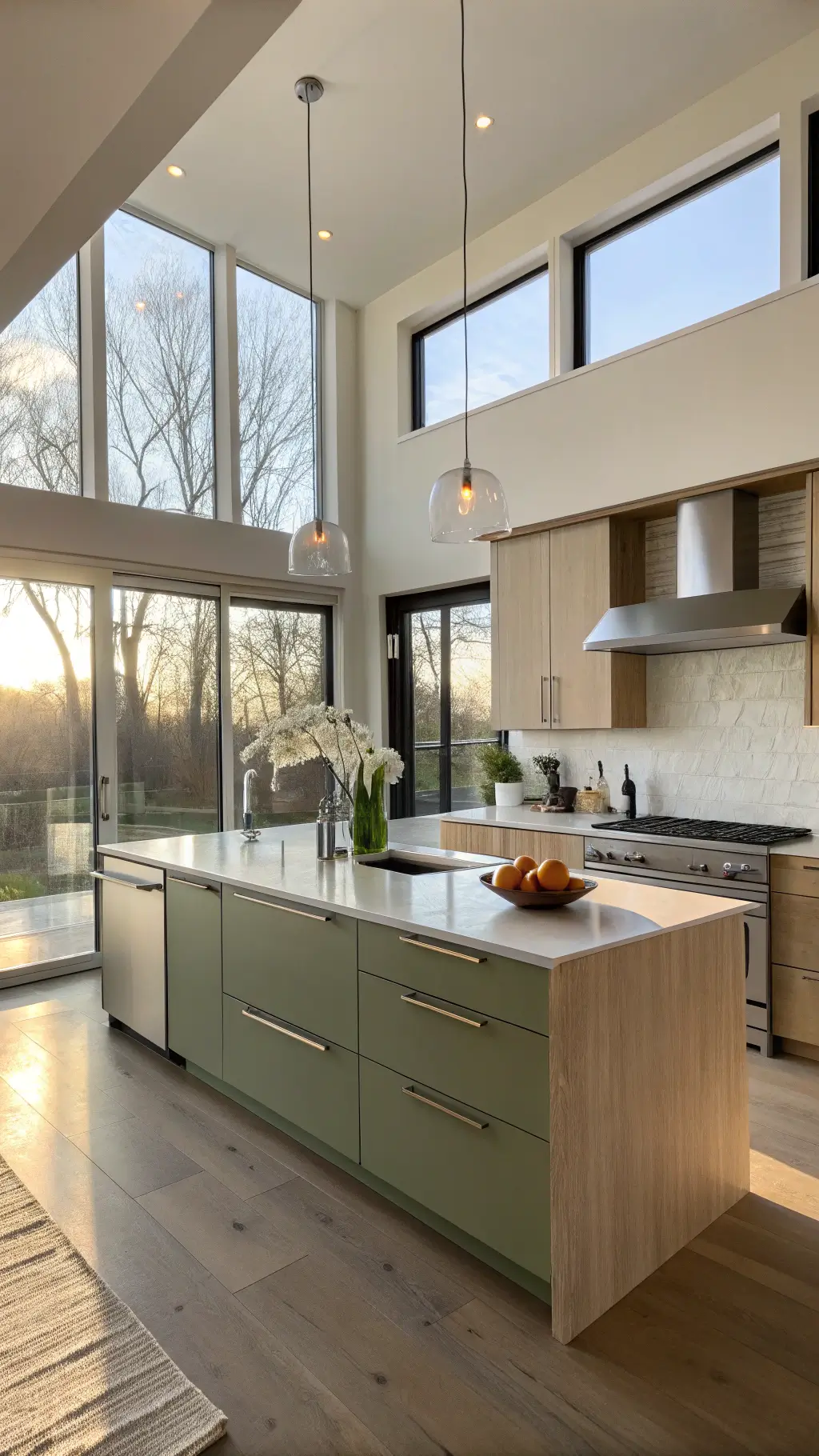 Modern minimalist kitchen with sage green and beige handleless cabinets, white quartz waterfall island, stainless steel appliances, and morning sunlight through floor-to-ceiling windows.