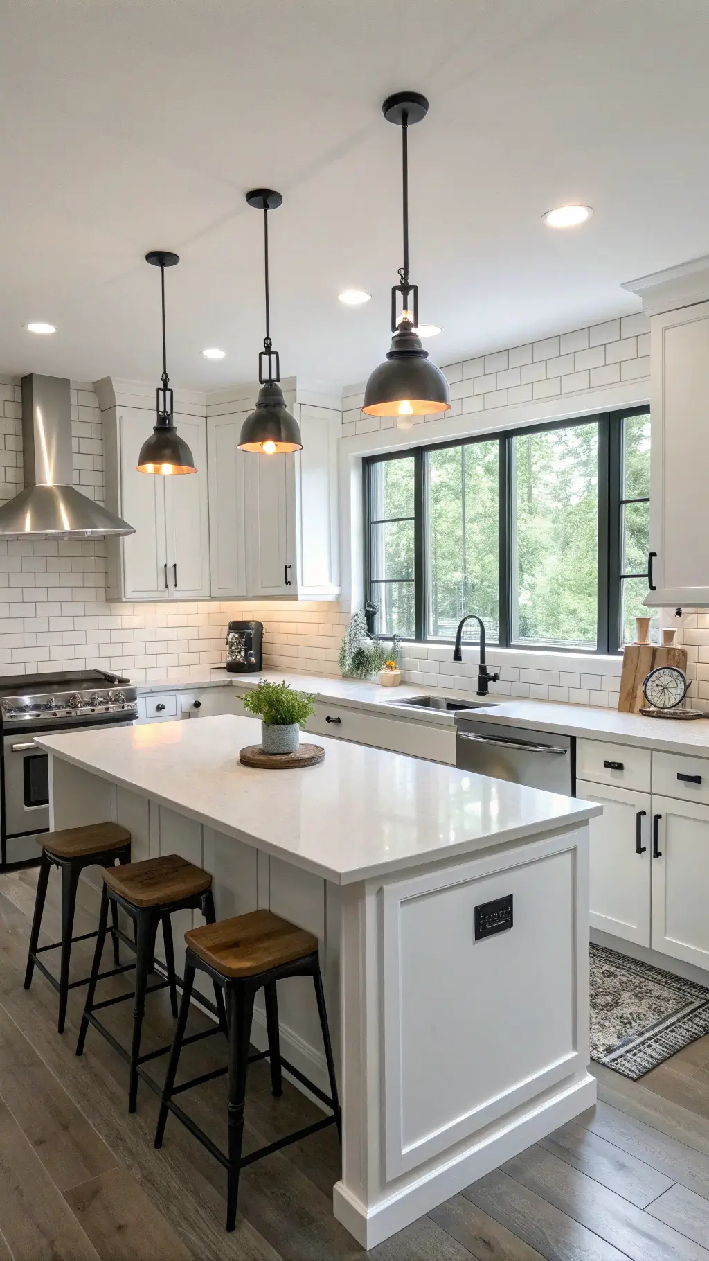 modern farmhouse kitchen with white shaker cabinets, subway tile backsplash, laminate quartz-look countertops, wood bar stools, and black pendant lighting