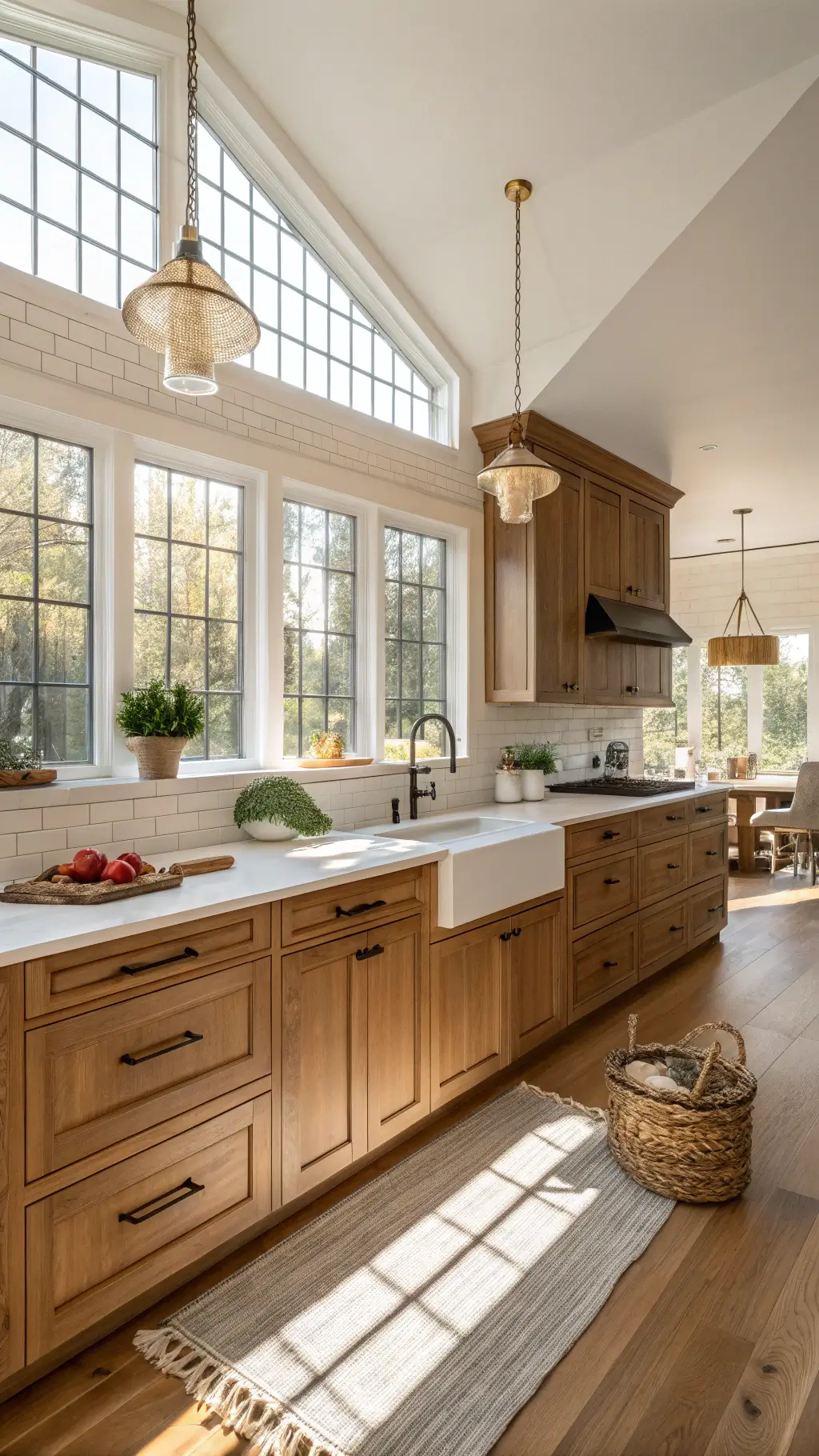 sunlit modern farmhouse kitchen with honeyed oak shaker-style cabinets, white quartz island, weathered hardwood floors, and vintage pendant lights, accented with fresh herbs, wooden cutting boards, woven baskets