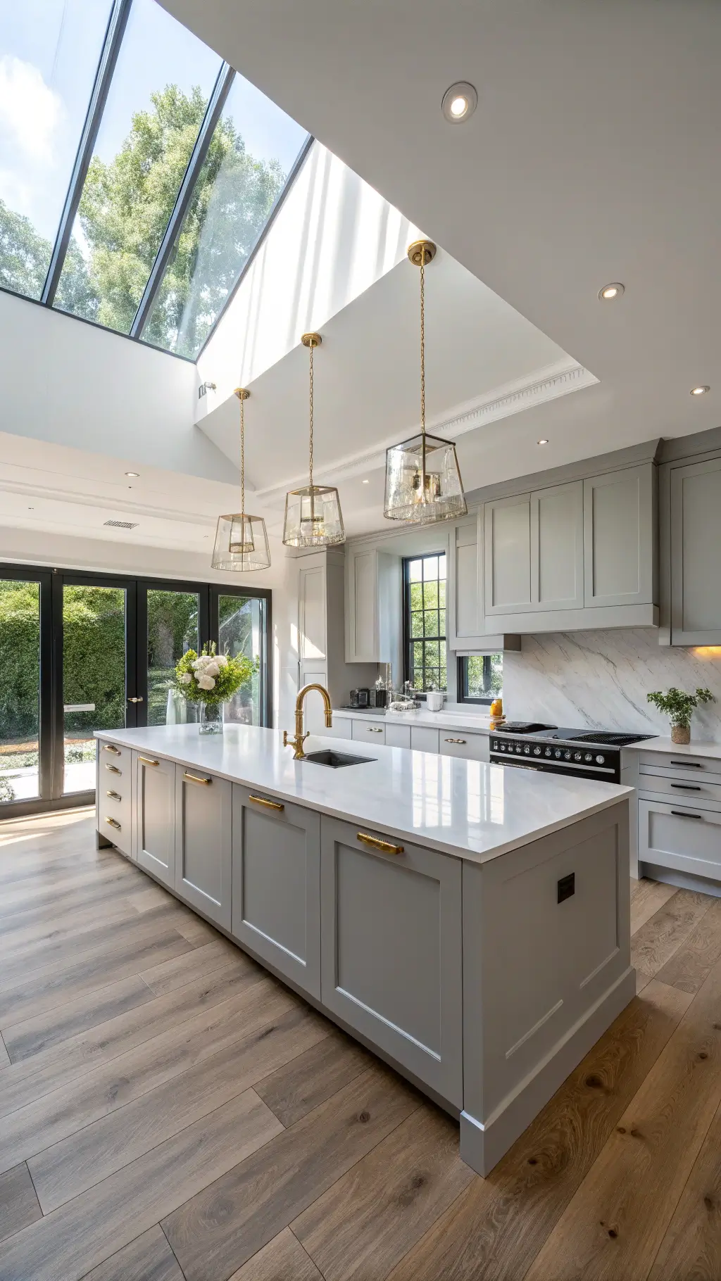 spacious modern luxe kitchen with high-gloss light grey cabinets, white quartz island, minimalist brass pendant lights, and matte black hardware against floor-to-ceiling windows oak herringbone floors