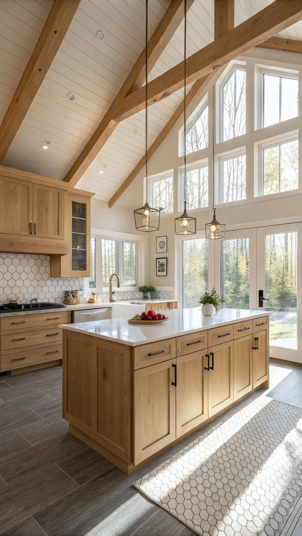 Scandinavian kitchen with light maple shaker-style cabinets, white quartz countertops, brass hardware, gray hexagonal backsplash, and a center island under minimalist pendant lights, bathed in morning sunlight from large windows.