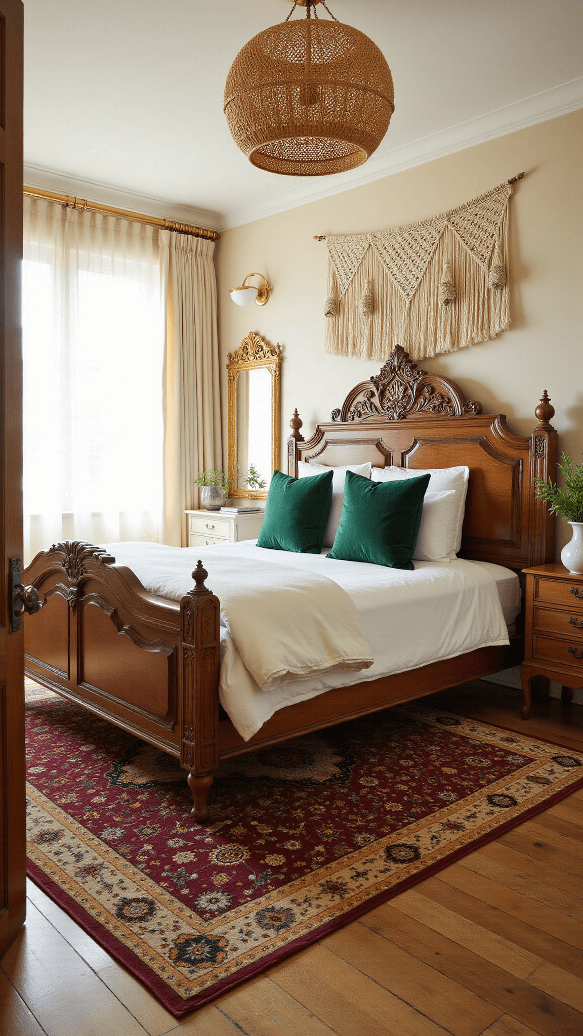 Sunlit bedroom with carved teak bed, emerald velvet pillows, Persian rug, rattan lights, and macramé wall hangings bathed in golden hour light.