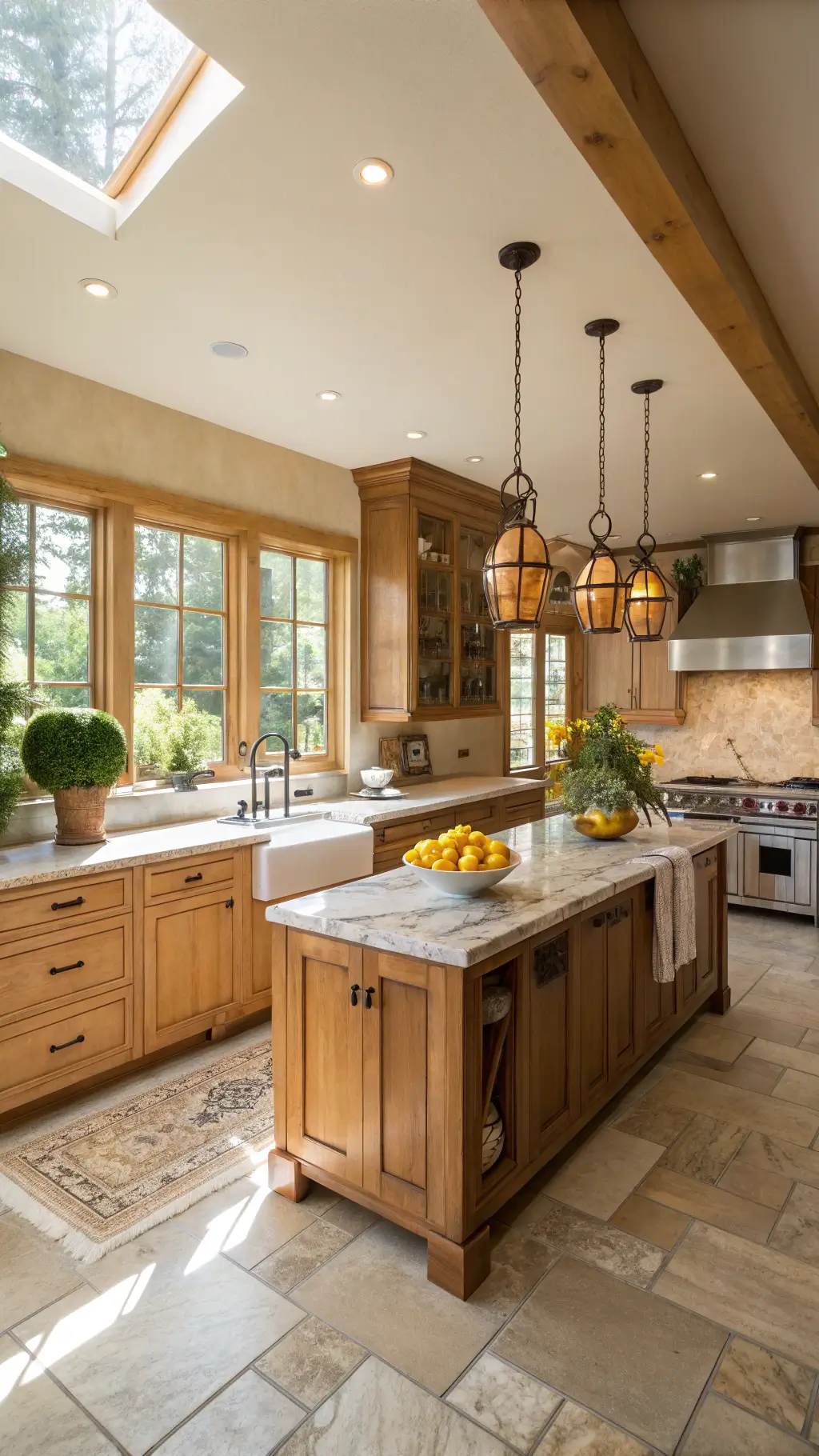 Sunlit kitchen showcasing maple Shaker cabinets with brass handles and a marble island. A vintage copper kettle and a bowl of lemons add charm, while trailing pothos plants soften the open shelves. Linen towels drape casually over the oven handle, with golden hour light enhancing the honey hues of the wood and creamy marble surfaces.