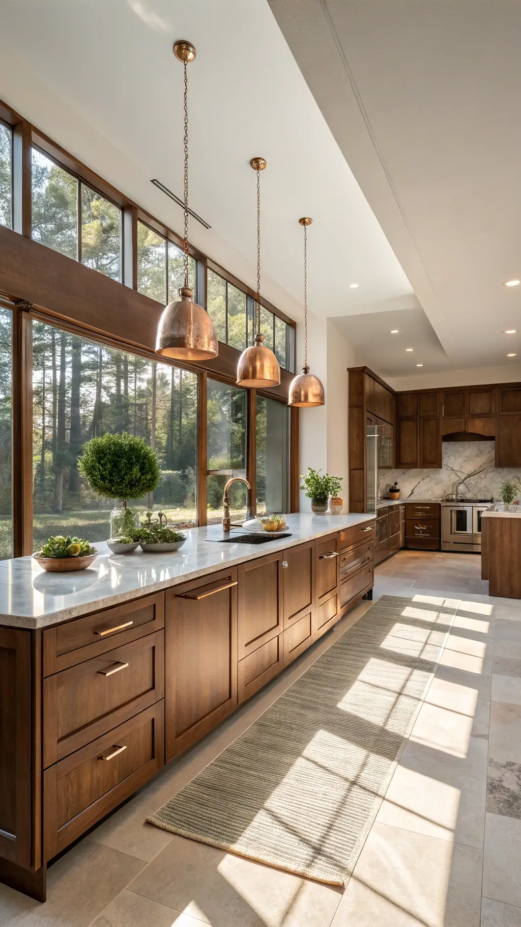 Modern walnut kitchen featuring marble countertops, warm sunlight, copper pendant lighting, brushed gold fixtures, and natural decorative elements.