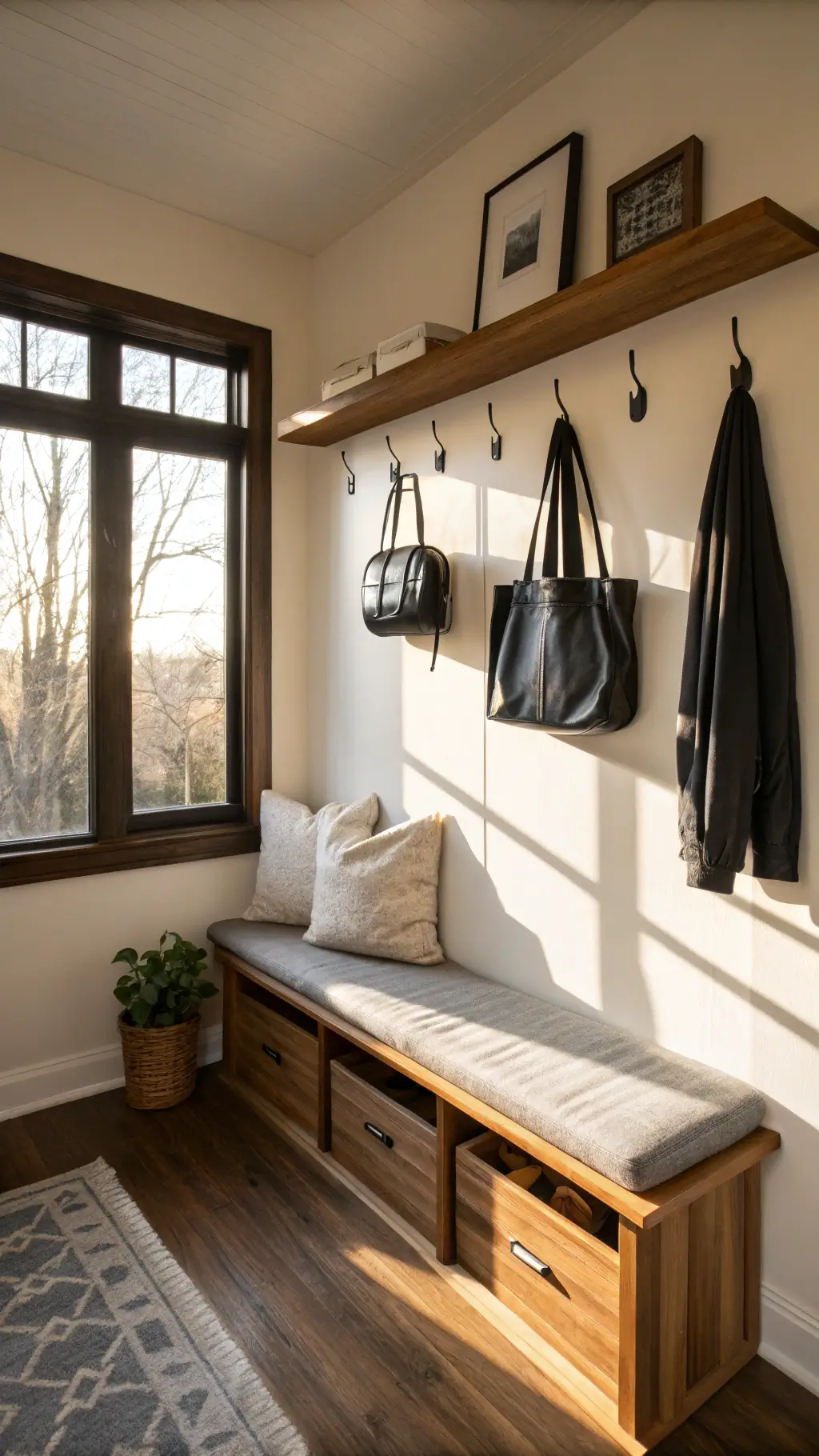 compact apartment entryway with vertical storage solutions, minimalist decor on floating shelves, and natural oak bench, illuminated by soft golden sunlight vintage wall sconce.