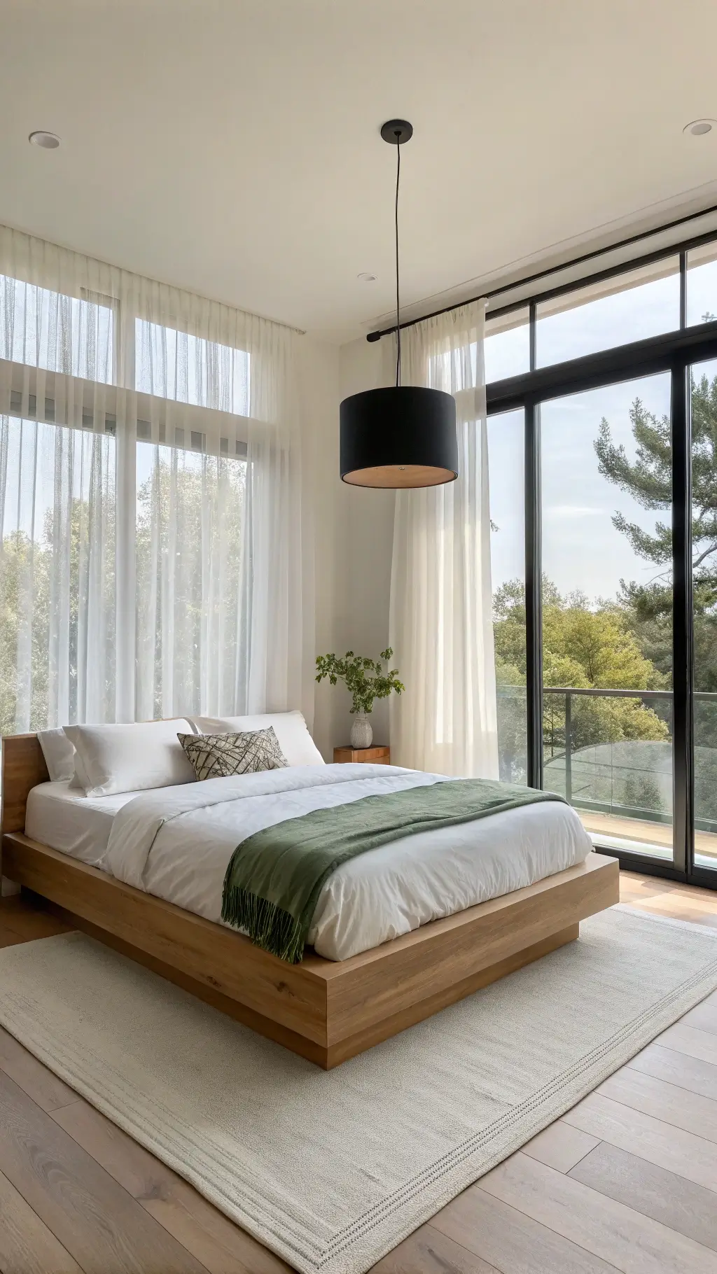 A minimalist 12x14ft bedroom bathed in morning light through floor-to-ceiling windows with sheer white linen curtains. A low-profile natural oak platform bed with crisp white linens and a sage green throw is centered. A matte black cylindrical pendant light hangs asymmetrically. Ivory walls and soft shadows create a peaceful ambiance.
