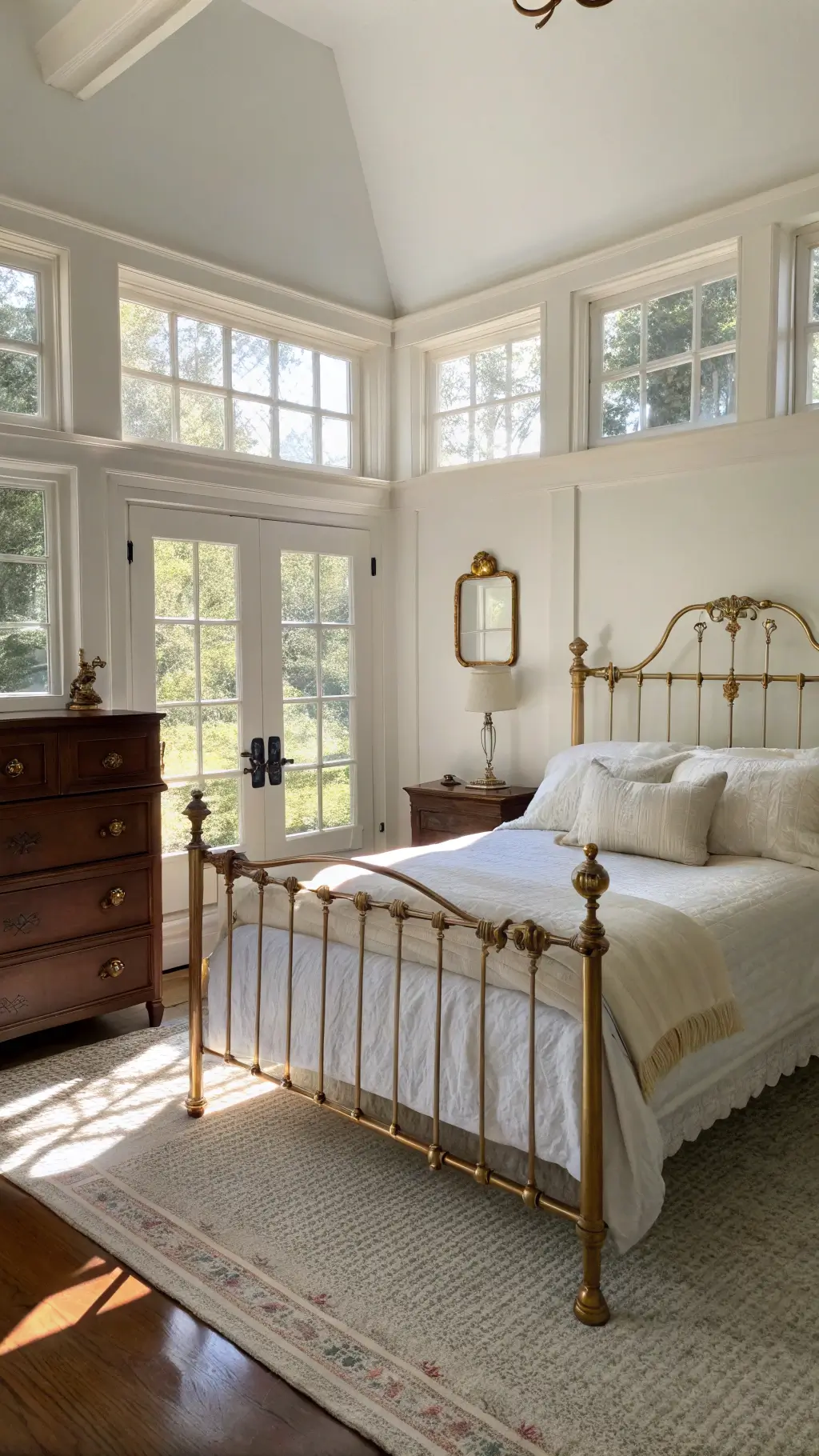 Sunlit bedroom featuring an elegant vintage brass bed with cream linens, contrasted by whitewashed walls and a mahogany dresser with brass handles. A gilt-edged oval mirror reflects natural light, enhancing the airy ambiance.