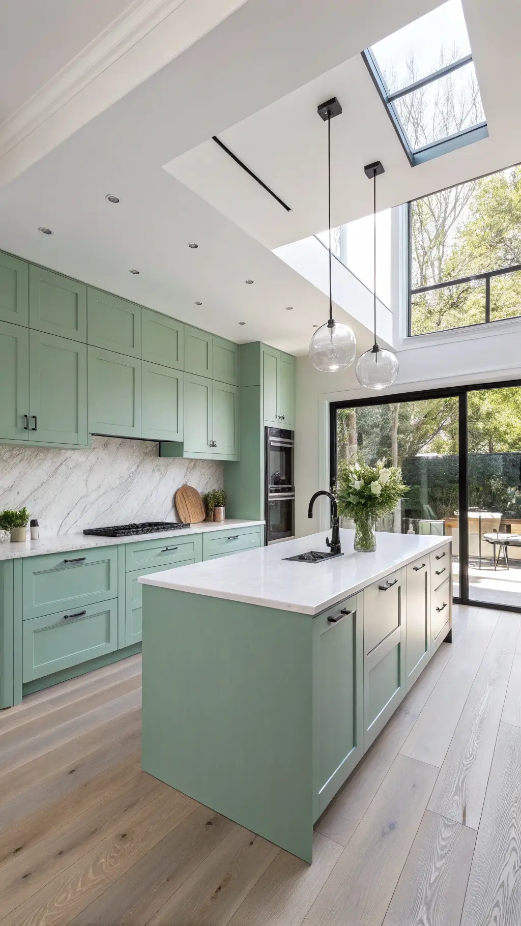 Sunlit modern minimalist kitchen with mint green floor-to-ceiling cabinets, large window above the sink, white quartz waterfall island, matte black fixtures, and light oak flooring