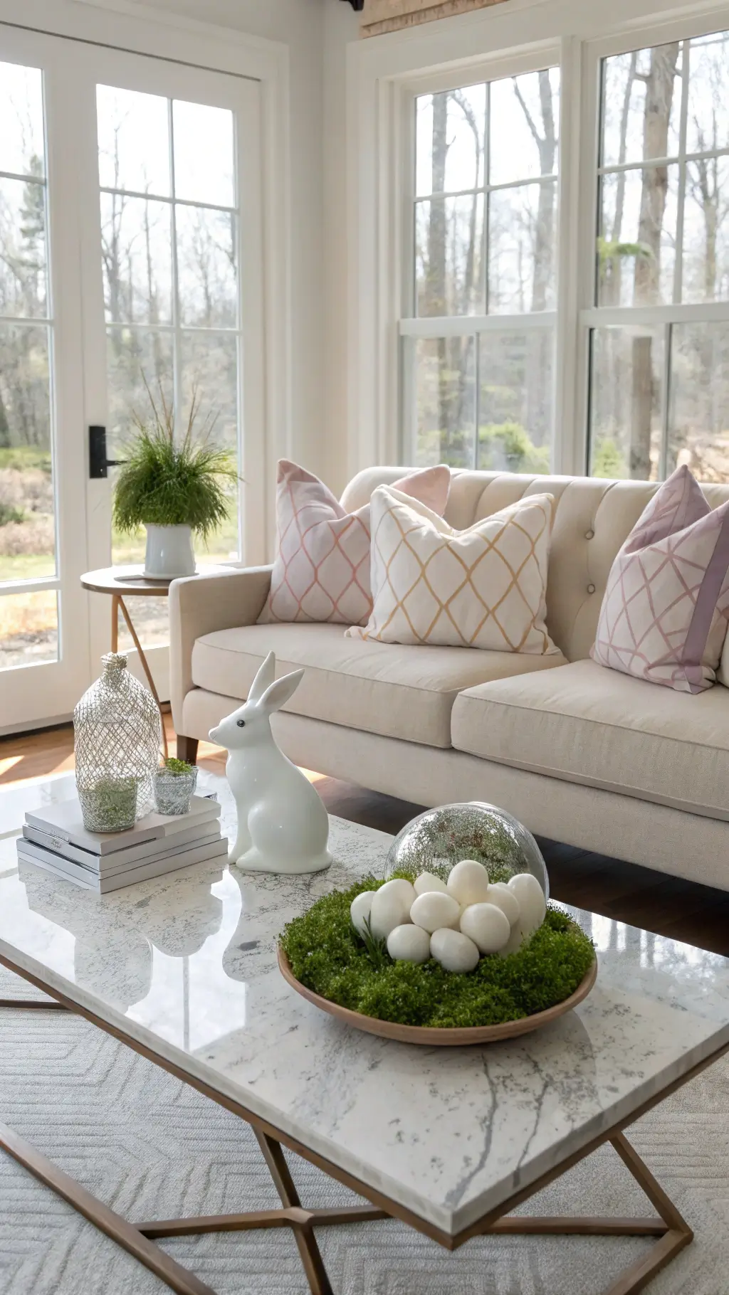Bright living room with floor-to-ceiling windows, mid-century modern cream linen sofa, geometric pillows, white ceramic rabbit art pieces on marble coffee table, glass terrarium with moss and tiny eggs