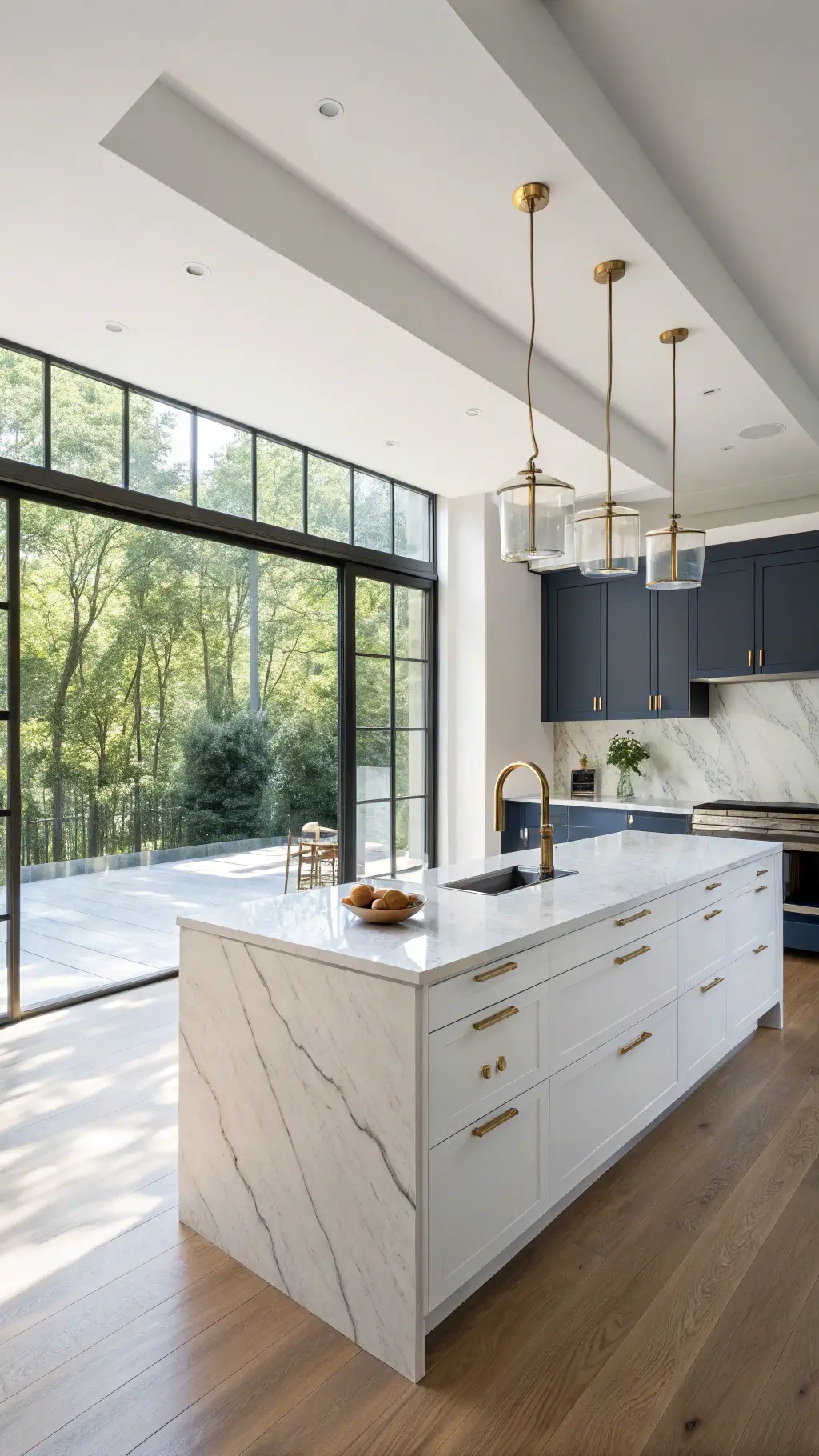 bright, airy minimalist kitchen featuring white cabinetry, navy blue island with waterfall edges, walnut shelves, built-in appliances, and brass accents