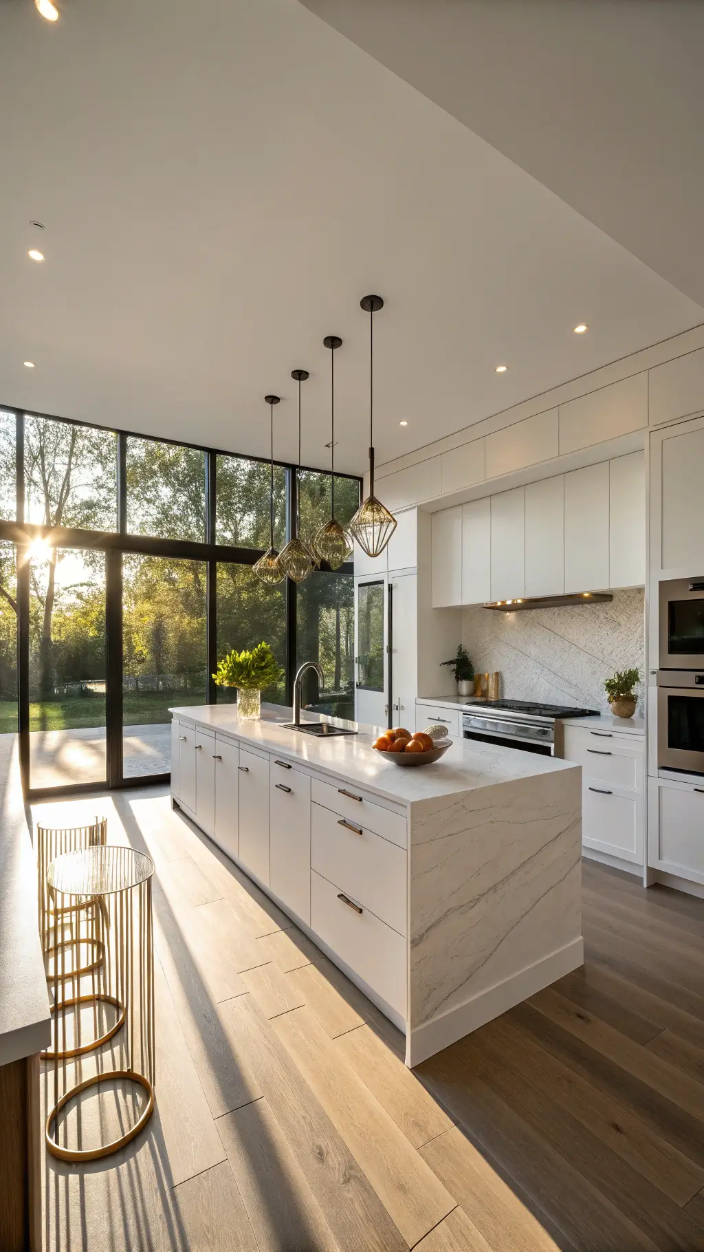 Modern kitchen with sleek white handleless cabinets, black island with quartz countertop, brass pendant lighting, and sunlight through large windows.