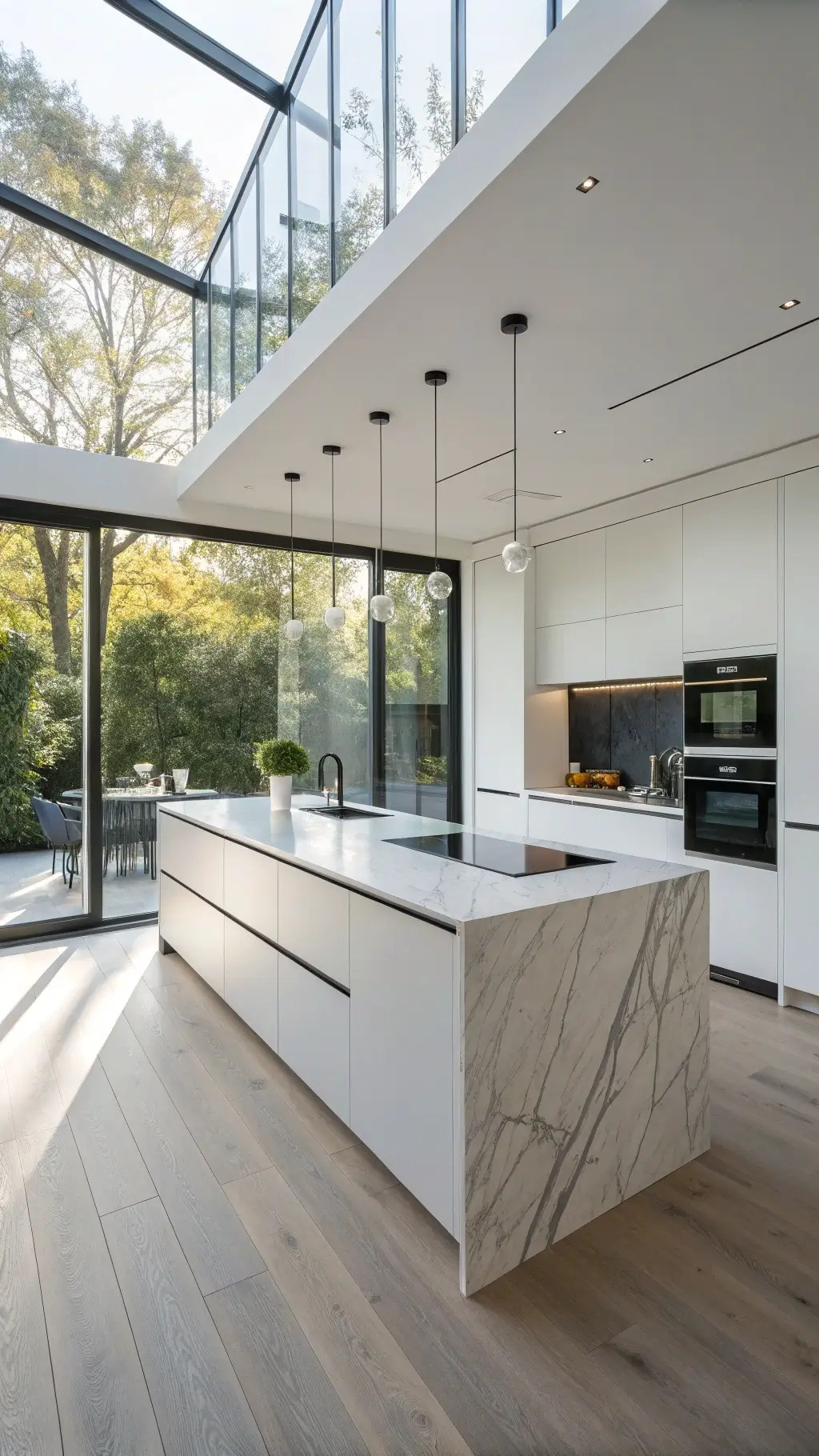 sleek modern kitchen with handleless white cabinets, matte black appliances, marble-effect quartz island, and integrated display panels illuminated by natural light