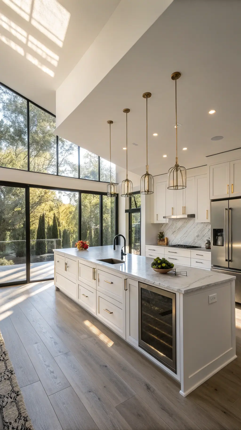Contemporary 12'x18' kitchen featuring sleek white flat-panel cabinetry, a quartz waterfall island, and expansive floor-to-ceiling windows. Contrasting matte black fixtures paired with brushed brass pendant lights. Integrated smart refrigerator seamlessly built into cabinetry, complemented by a geometric glass backsplash that reflects natural light. Under-cabinet LED strips illuminate the workspace, while a partially open pull-out pantry maximizes storage.