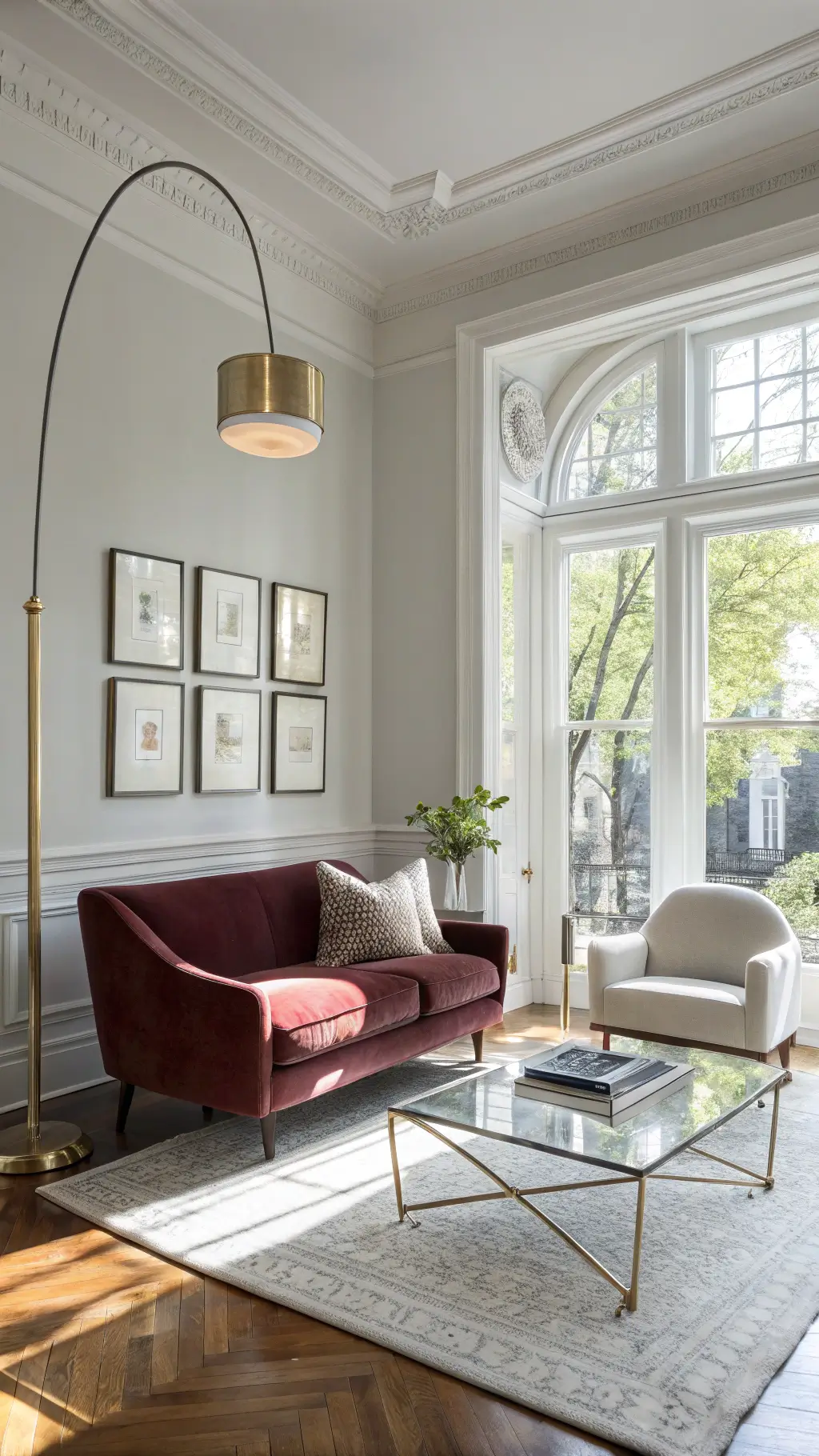 Sunlit living room featuring vaulted ceilings and expansive windows. A plush burgundy velvet armchair is paired with a sleek chrome floor lamp, facing a minimalist white sofa separated by a geometric glass coffee table. Pale grey walls are adorned with vintage gold-framed mirrors reflecting warm daylight.