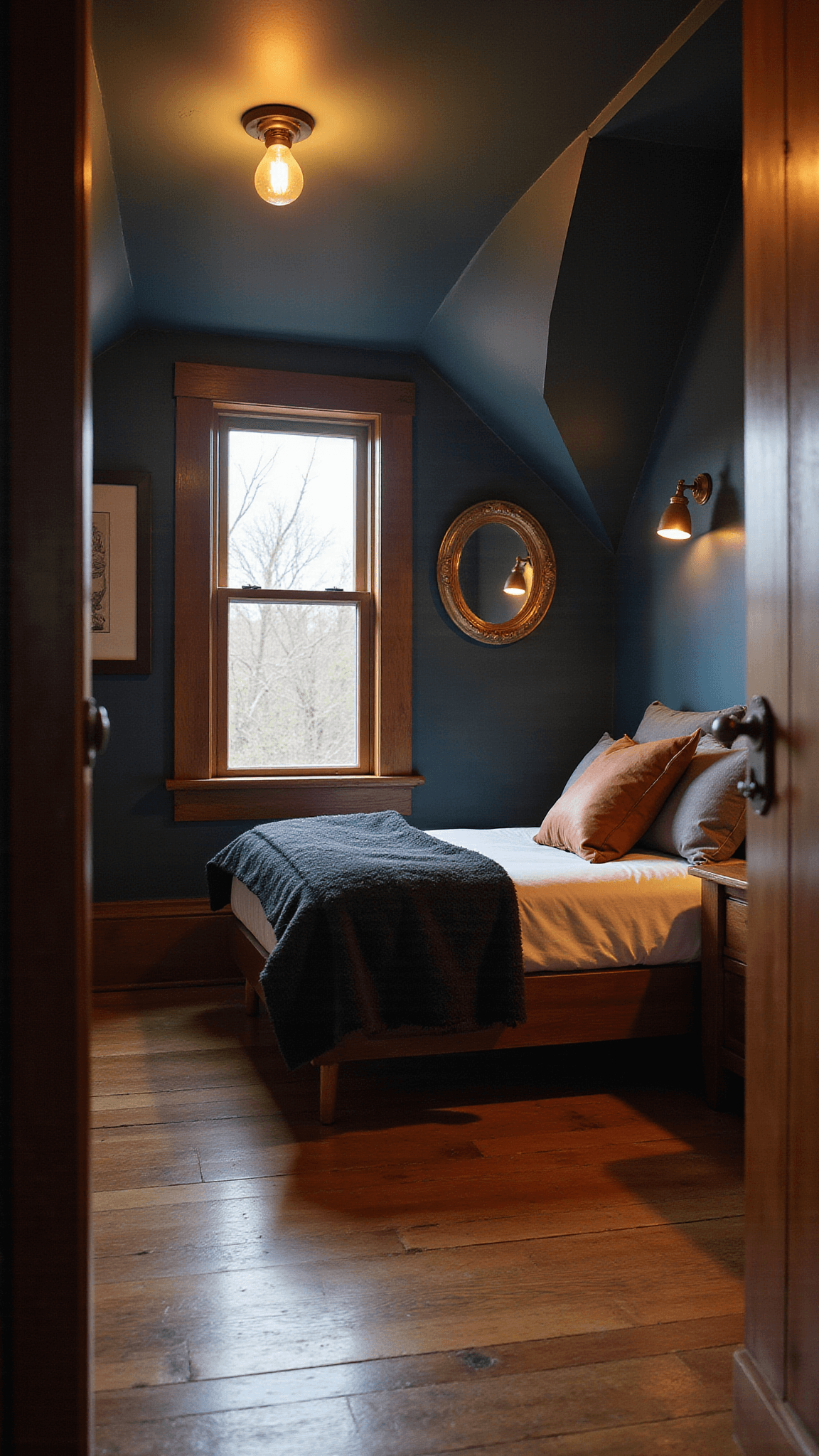 Cozy under-stairs bedroom nook with sloped ceiling, navy walls, platform bed, walnut shelves, Edison sconces, and golden hour light streaming through window.