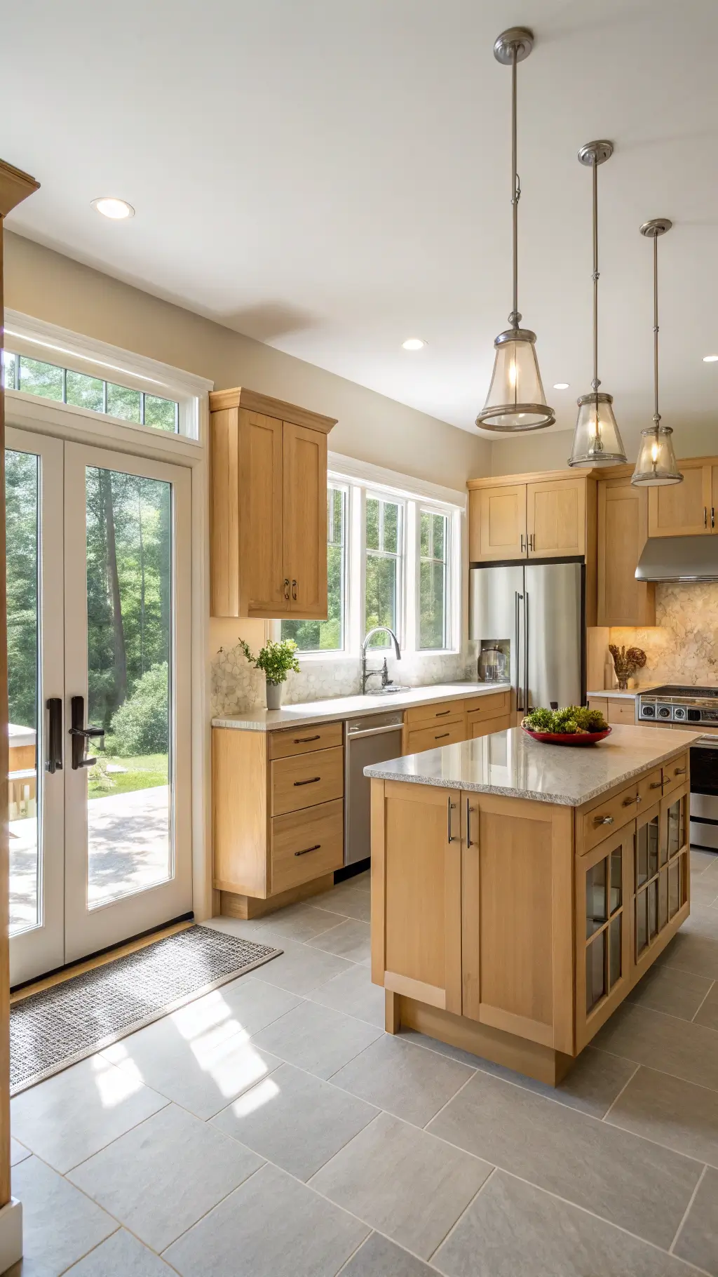 Sunlit spacious kitchen with natural maple shaker-style cabinets, white quartz countertops, stainless steel appliances, and light gray tile flooring, highlighting the beautiful interplay of morning sunlight on honey-toned surfaces.