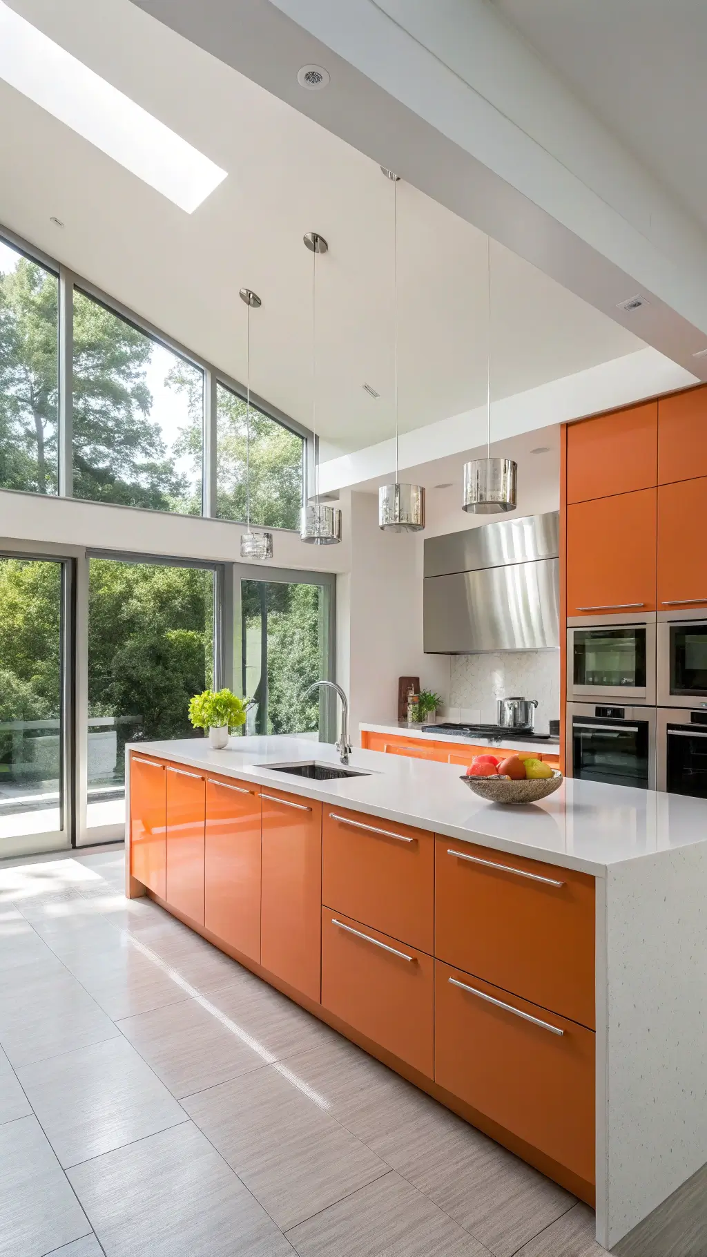 bright modern kitchen featuring glossy orange cabinets, white quartz countertops, stainless steel appliances, and a waterfall island