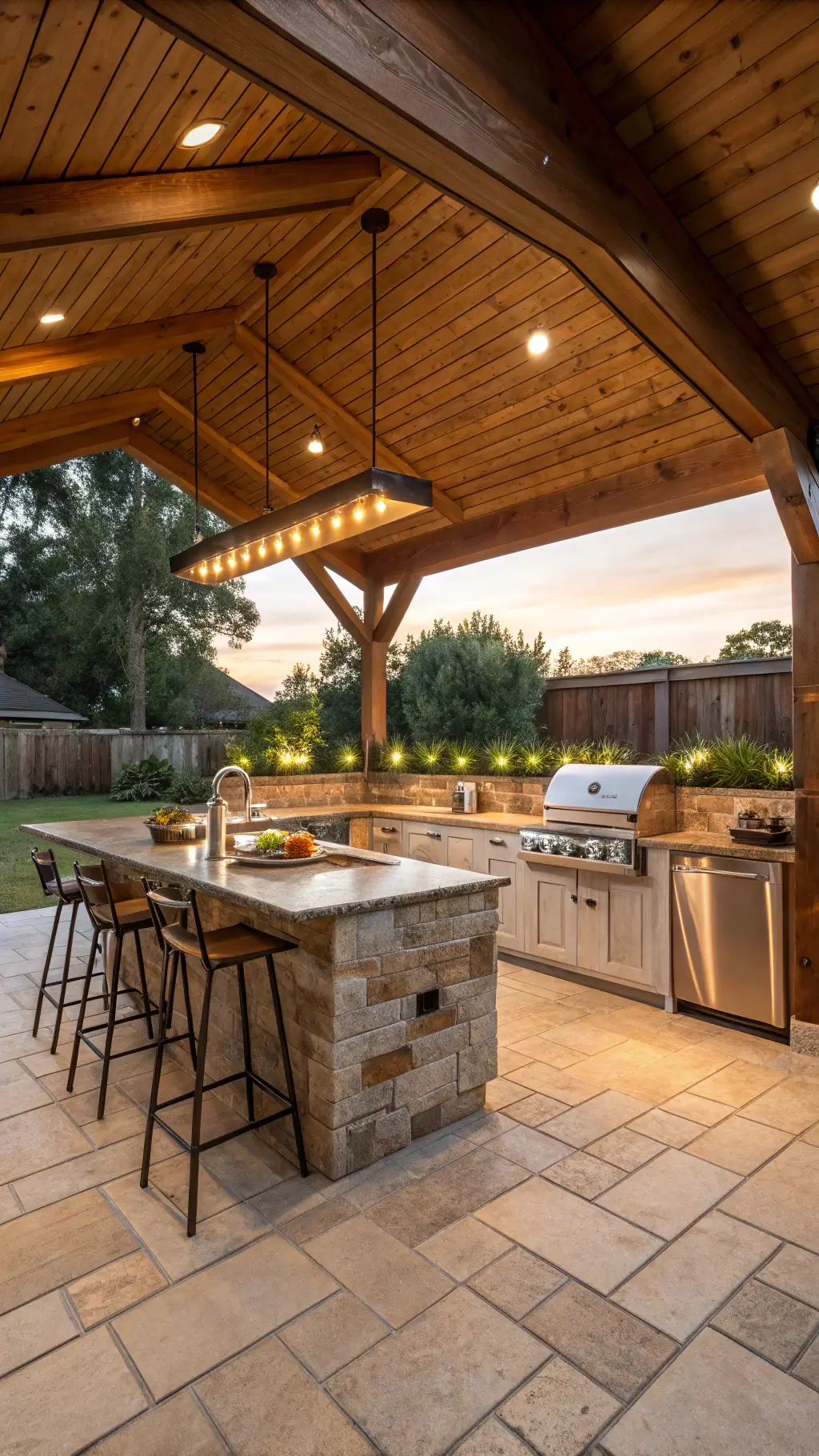 luxurious L-shaped outdoor kitchen on a 20x30ft patio with vaulted cedar ceiling, natural stone island, stainless steel grill, underlit glass-front refrigerator, weathered teak bar stools, terracotta tile transitioning to composite decking, herb garden wall in golden hour sunlight.