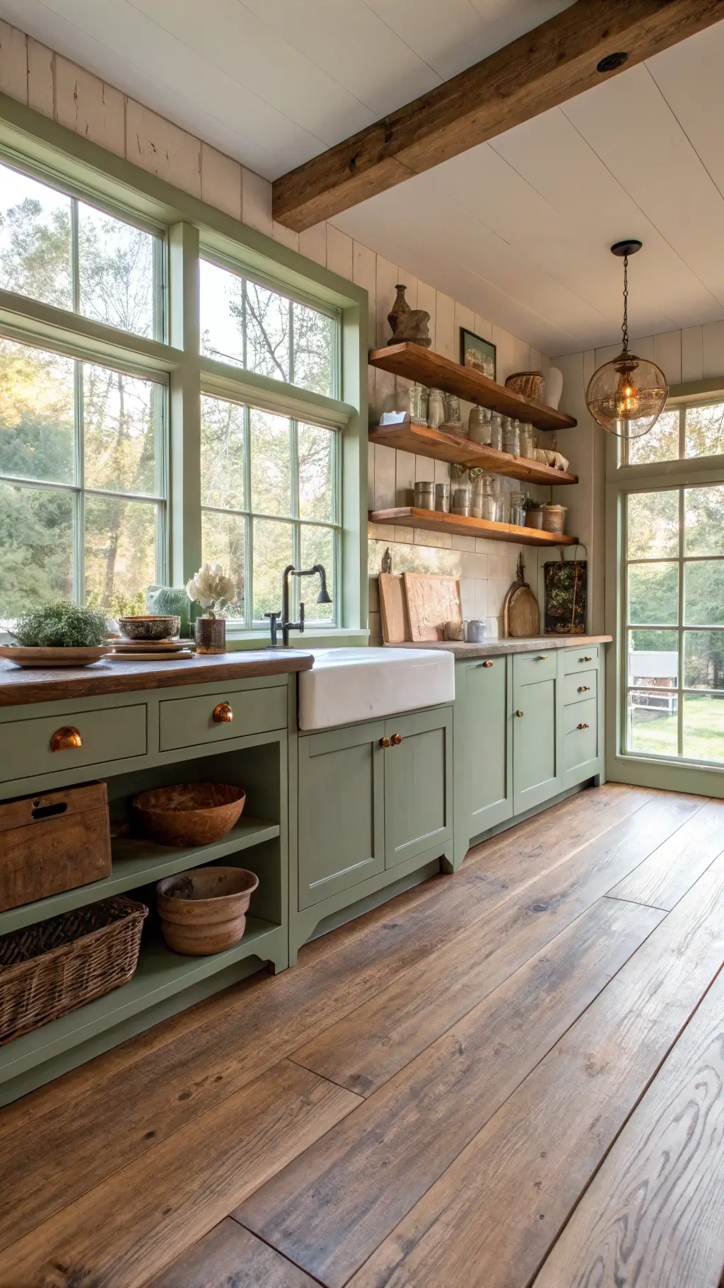 Bright rustic kitchen with wide-plank oak floor, sage green cabinets, open shelving pottery, farmhouse sink, brass fixtures, and a morning light view