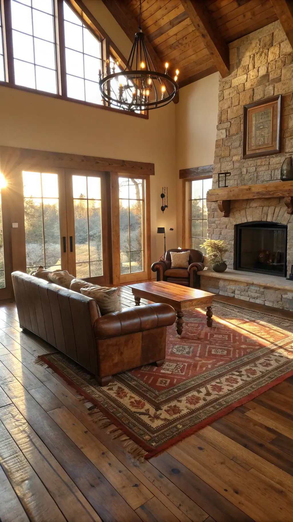 Spacious living room with golden sunlight through large windows, reclaimed oak flooring, stone fireplace, brown leather Chesterfield sofa, distressed leather armchairs, raw edge walnut coffee table on vintage Navajo rugs, and wrought iron chandelier.
