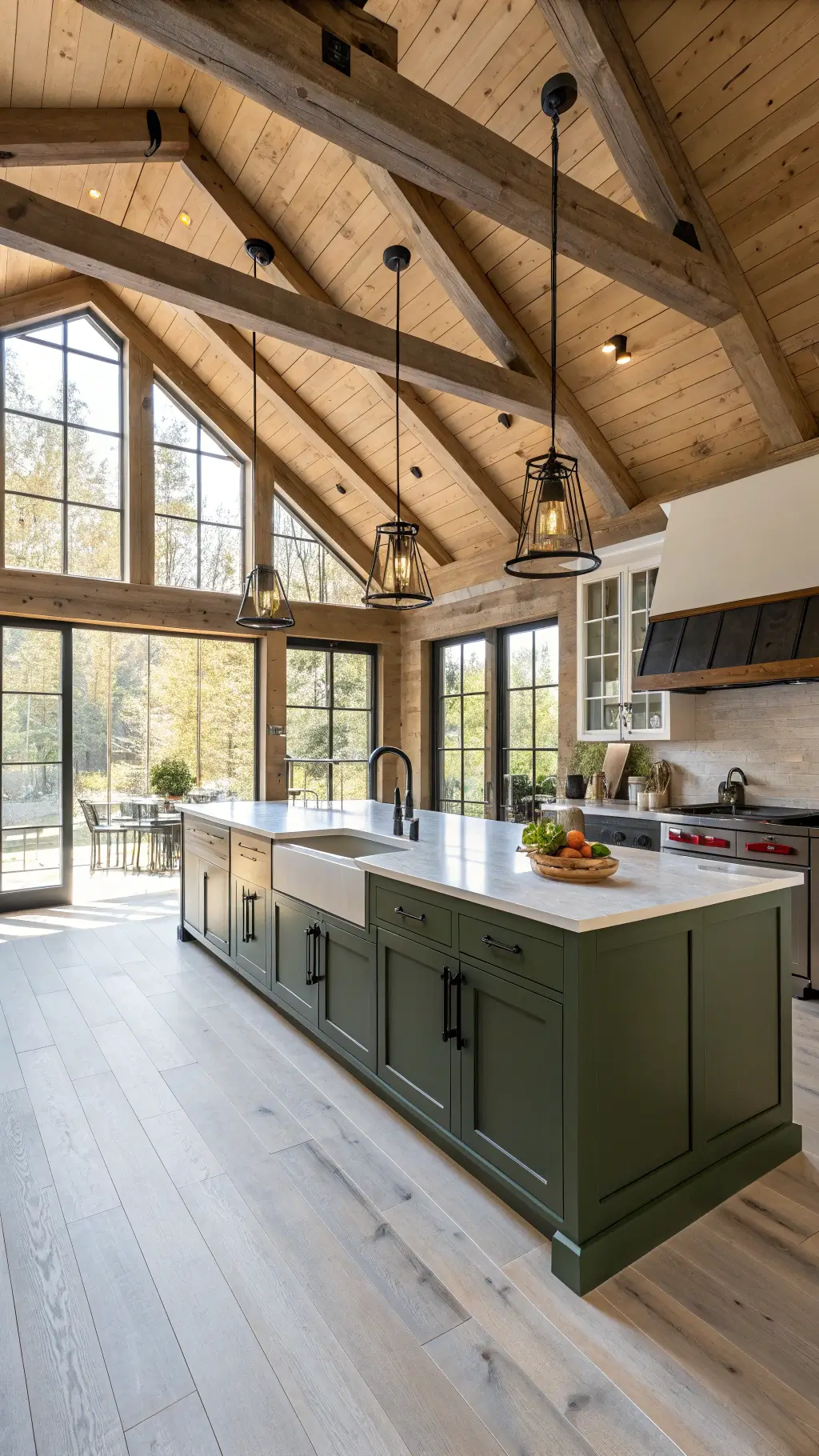 Bright rustic modern kitchen with high ceilings, sage green cabinetry, a large reclaimed wood island topped with white quartz, and vintage copper pots hanging from an iron rack.