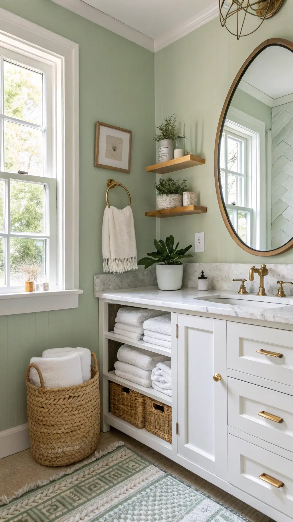 sage green bathroom with morning light streaming through a frosted window, highlighting white marble vanity gold hardware, floating wooden shelves rolled turkish towels, potted eucalyptus, and jute basket under the vanity, all reflected in round brass-framed mirror.