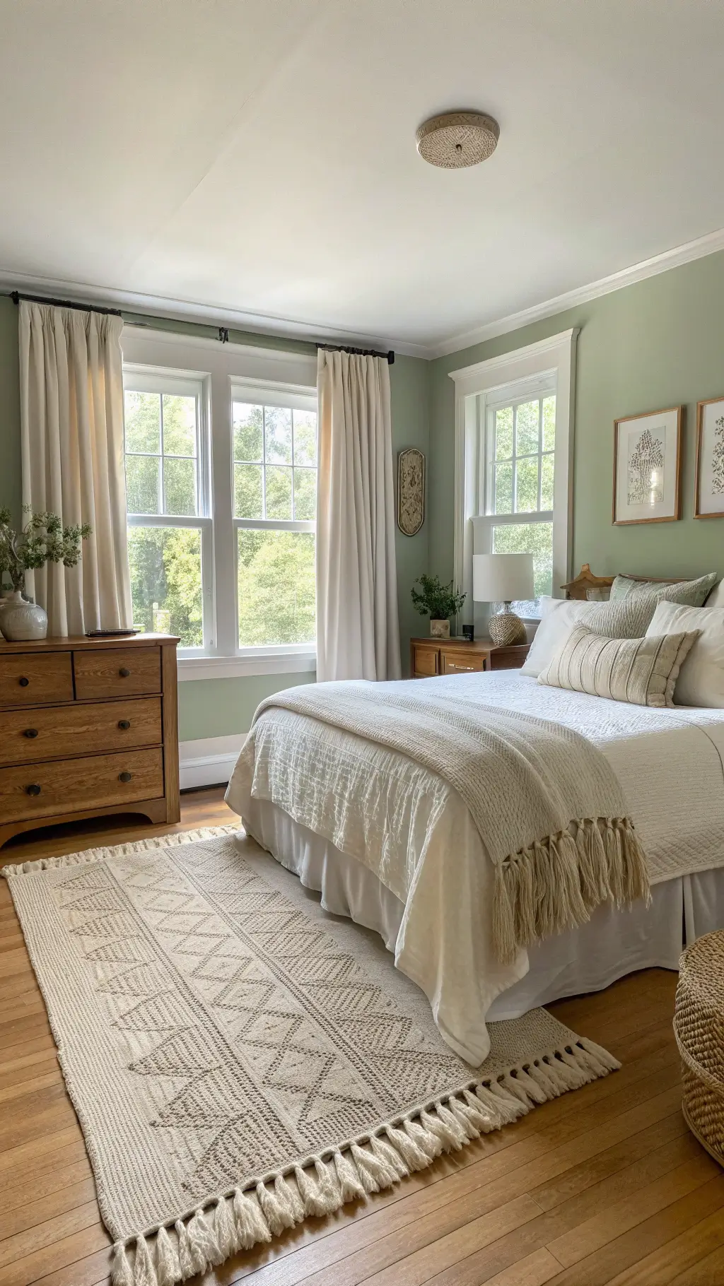 Scandinavian-inspired bedroom with sage green walls, queen bed, ivory linens, oak furniture, and cream-toned rugs in morning light