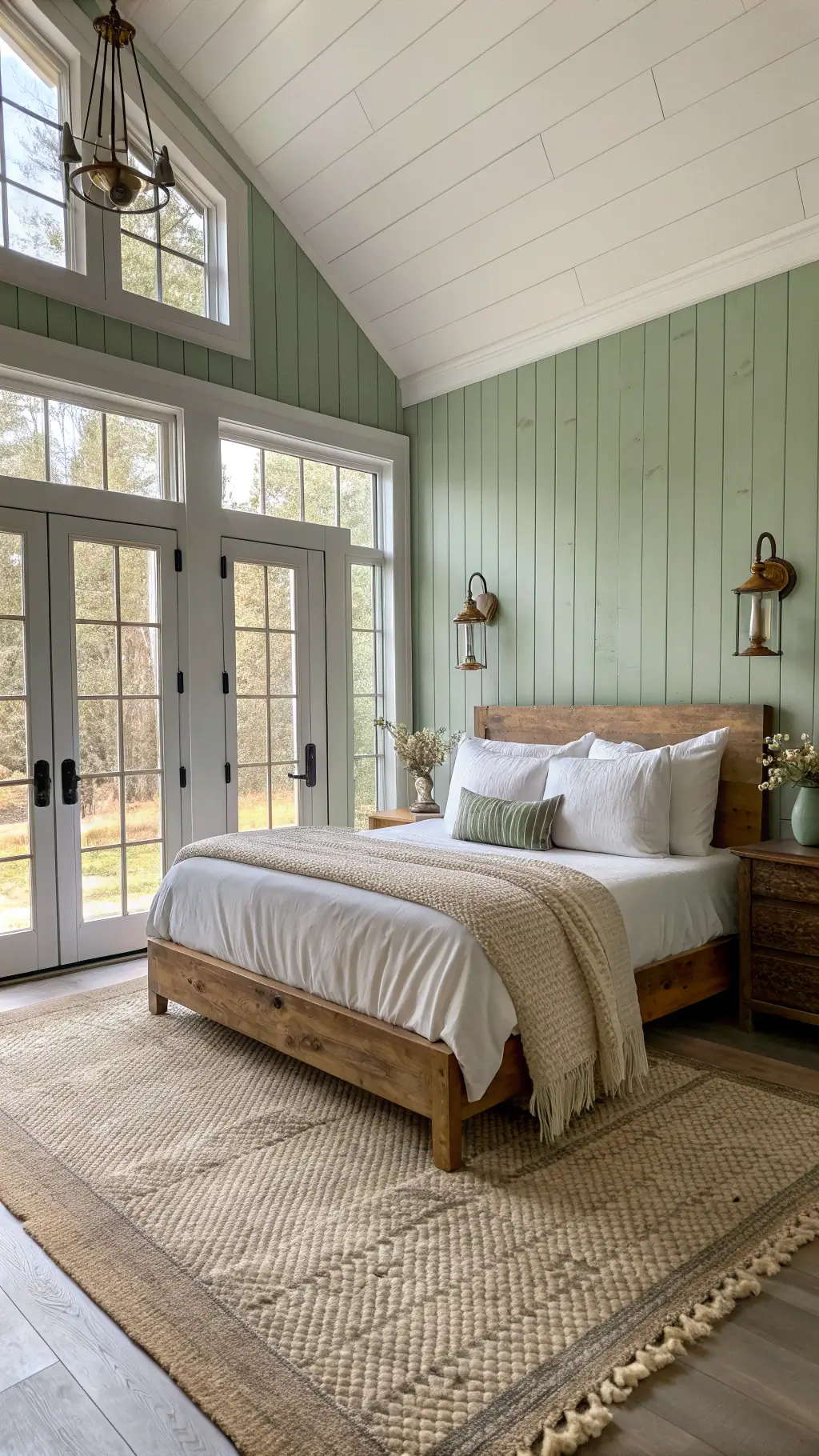 spacious farmhouse bedroom with sage green shiplap wall, weathered oak bed dressed in white linens, vintage brass sconces and rustic nightstands, under morning light through tall windows