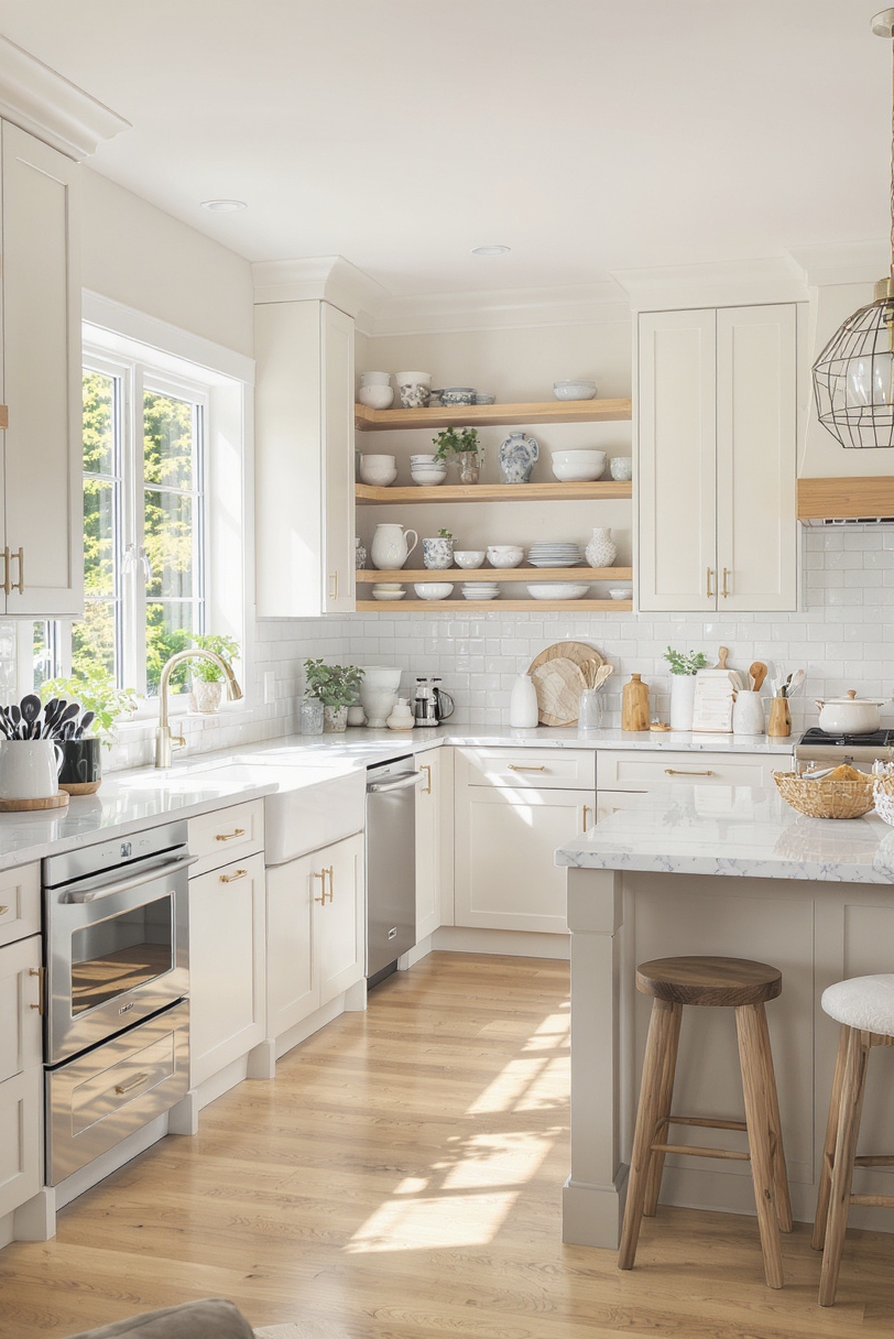 Taupe kitchen cabinets - Creating a Warm Ambiance with Taupe Cabinets - Sunlit kitchen with light taupe cabinetry and oak shelves