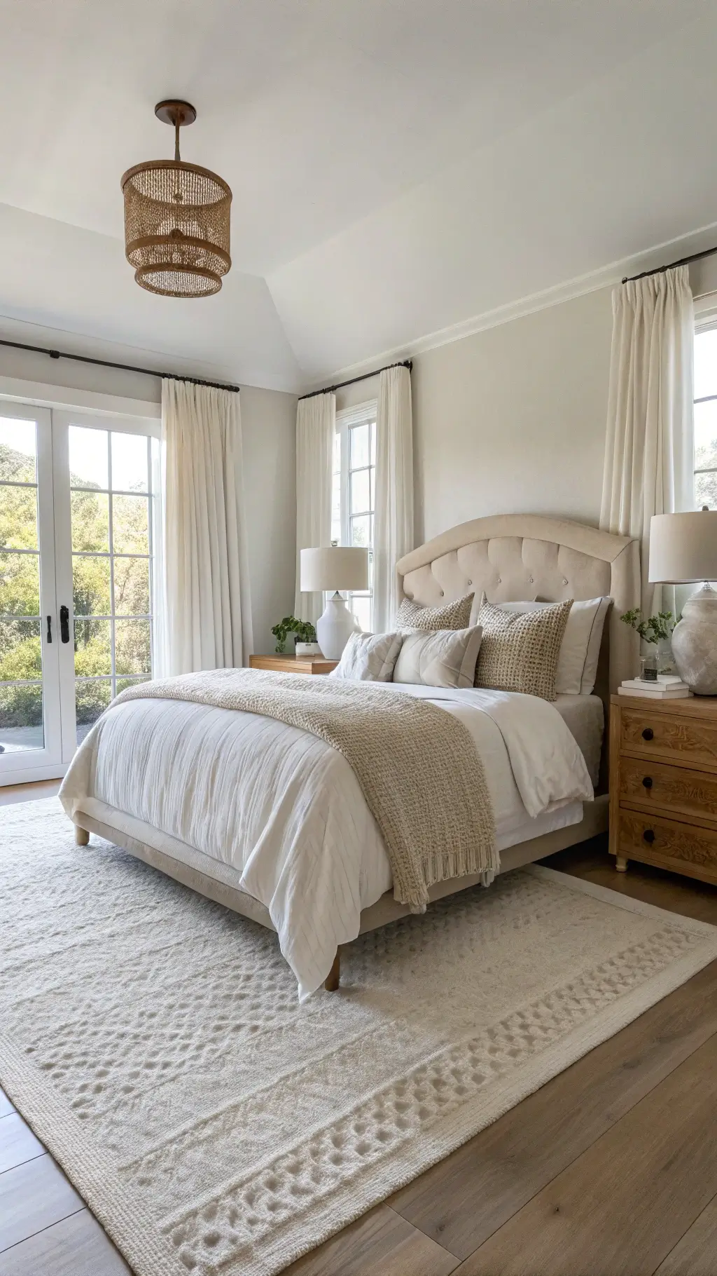 A serene 14x16ft master bedroom with morning light filtering through sheer linen curtains. White oak flooring leads to an upholstered oatmeal linen queen bed against a textured White Dove wall. Rattan nightstands with ceramic dome lamps flank the bed. A cream wool rug anchors the space, layered with chunky knit throws and velvet pillows in ivory and taupe. Vintage brass accents add warmth.