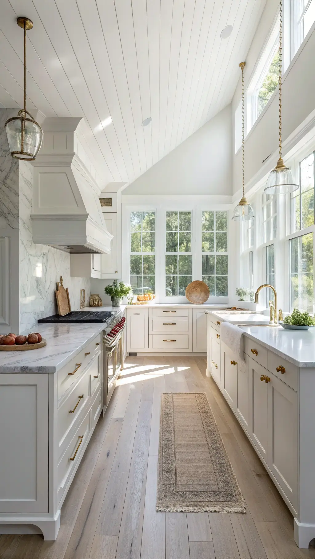 Bright white Shaker kitchen with high ceilings, marble countertops, brass hardware, and warm oak floors, bathed in morning light.