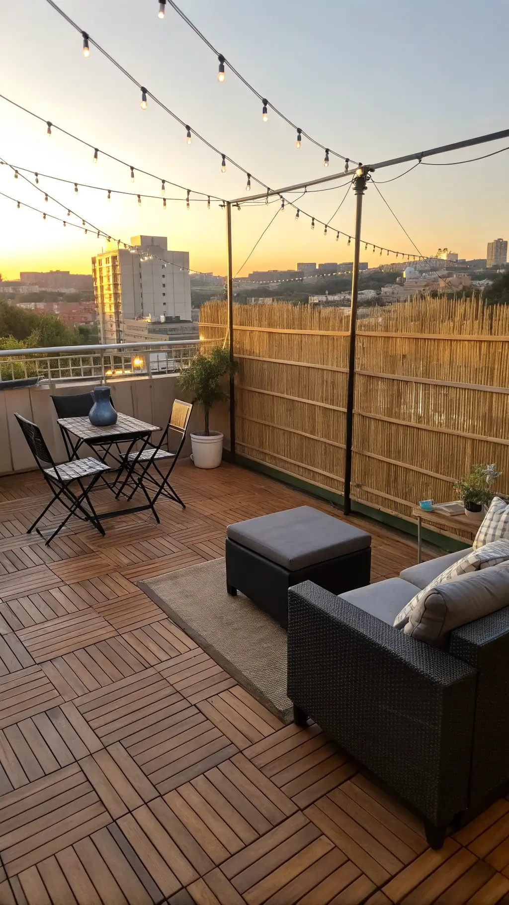 Urban balcony with teak deck tiles, black bistro set, grey storage ottoman, string lights and bamboo screens during golden hour, cityscape in soft bokeh in background.