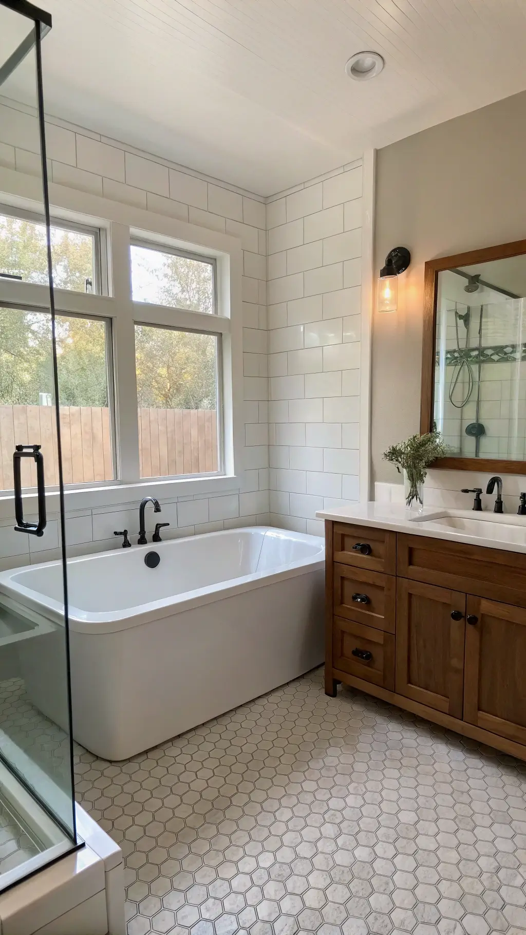 bright spa-inspired bathroom with white soaking tub, subway tiles, walnut vanity, matte black fixtures, and gray hexagonal floor tiles